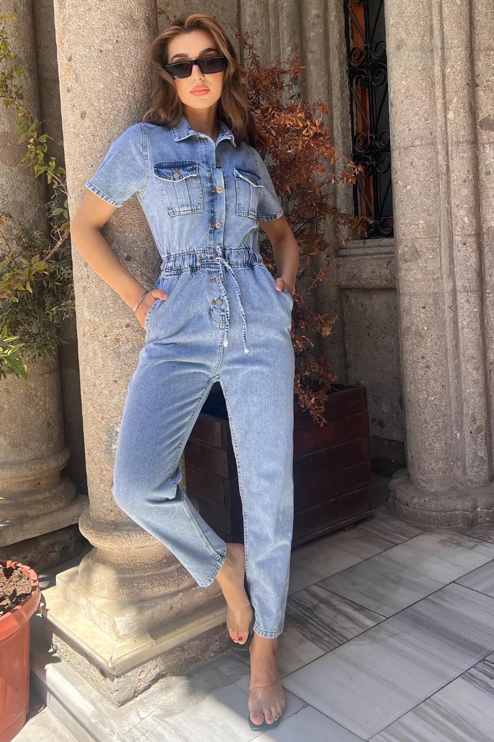 Julude Mavi Polo Yaka Çift Cepli Kadın Jean Kot Tulum Salopet P-00010792
