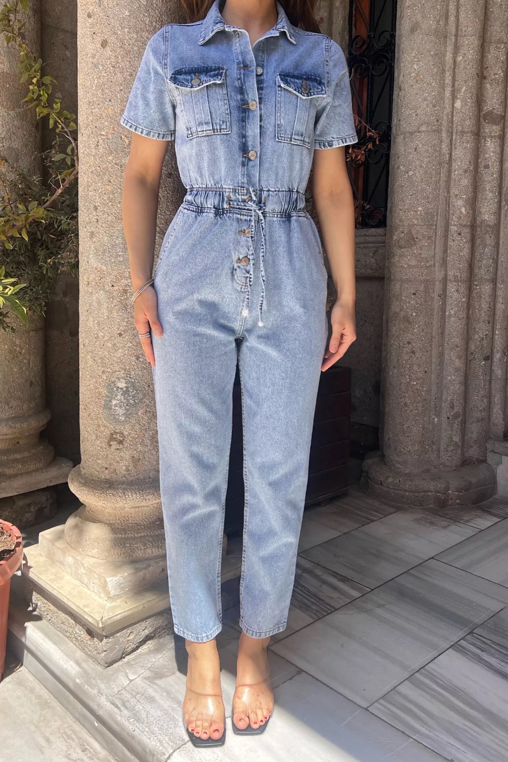 Julude Mavi Polo Yaka Çift Cepli Kadın Jean Kot Tulum Salopet P-00010792 görsel 3