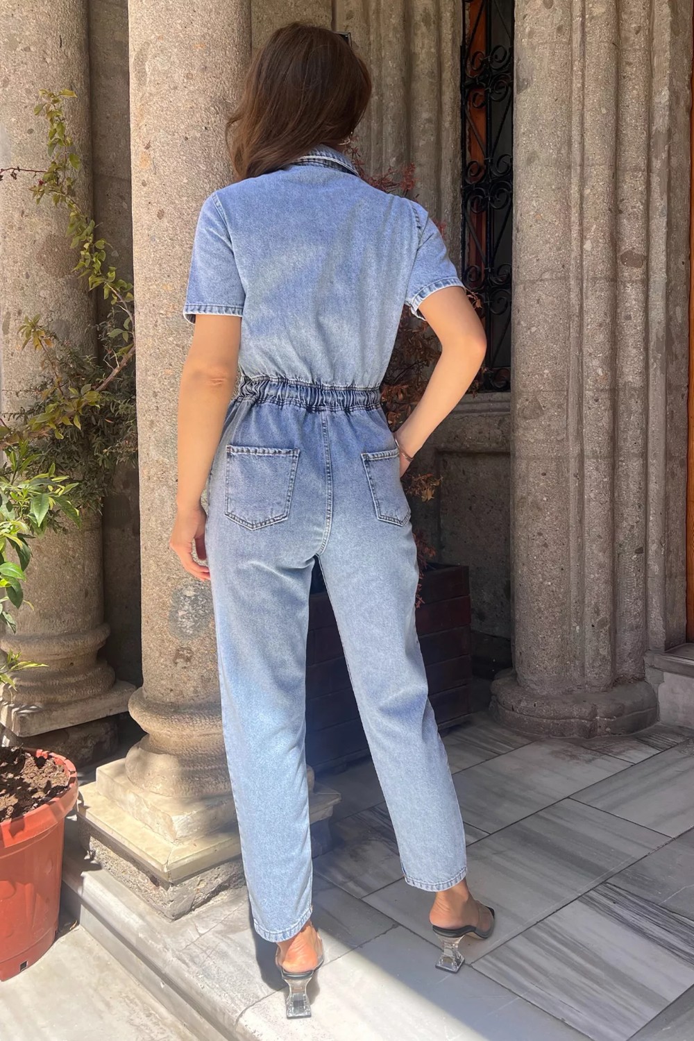 Julude Mavi Polo Yaka Çift Cepli Kadın Jean Kot Tulum Salopet P-00010792 görsel 4