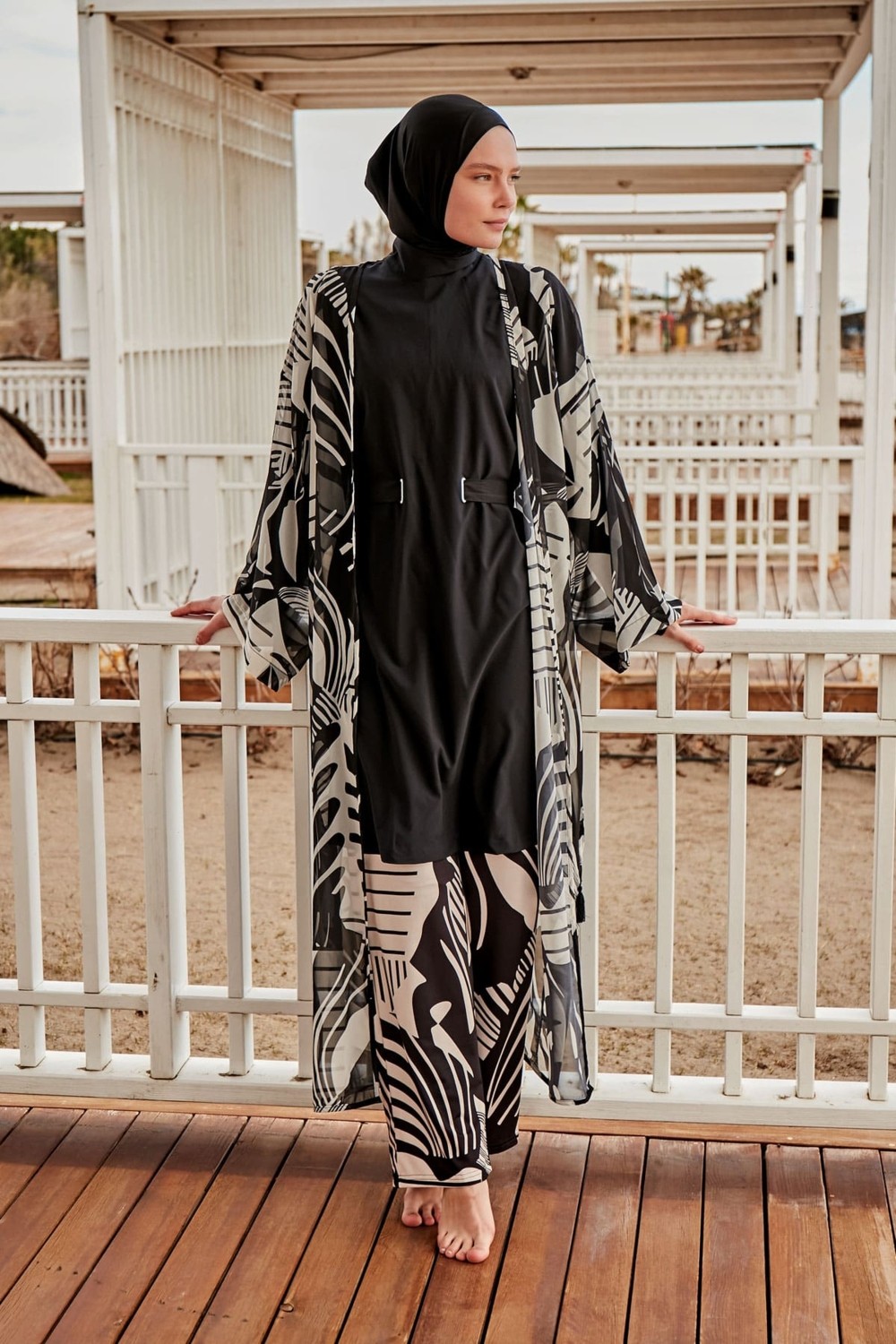 Marina Desenli Siyah Kimono Kaftan P2401 görsel 2