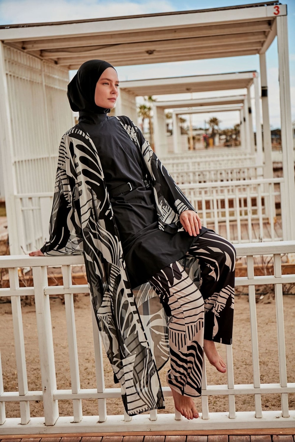 Marina Desenli Siyah Kimono Kaftan P2401 görsel 3