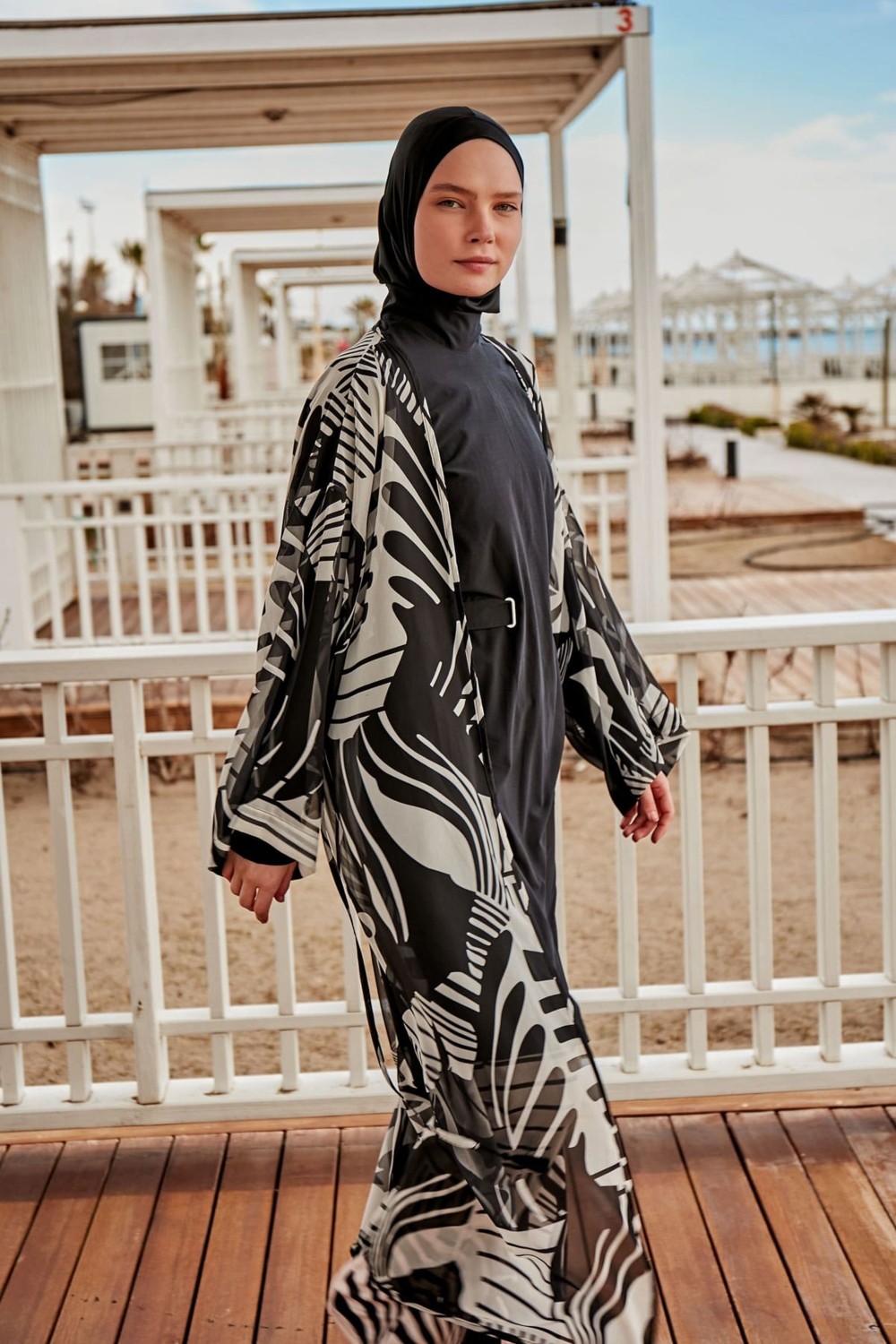 Marina Desenli Siyah Kimono Kaftan P2401 görsel 4