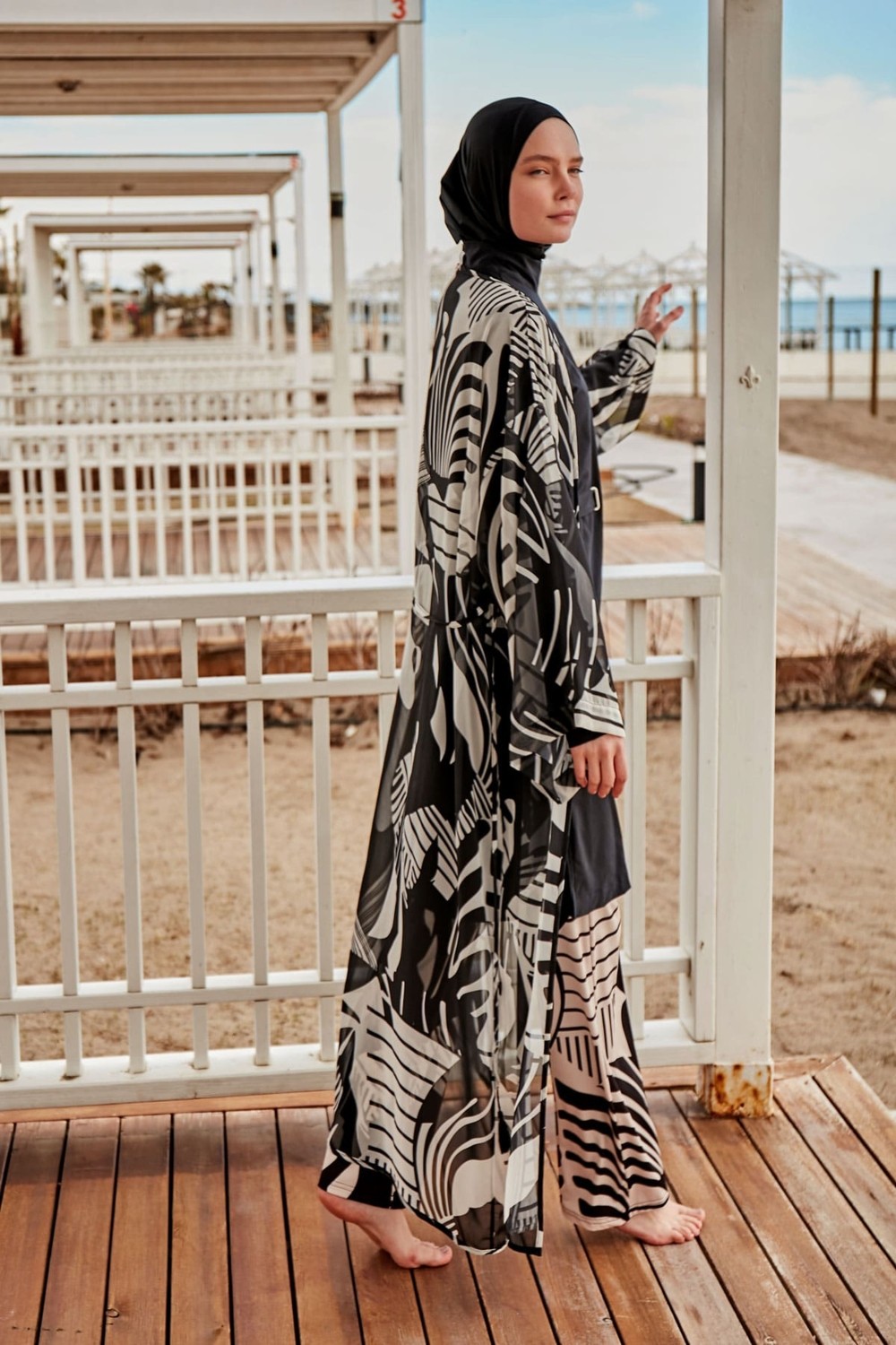 Marina Desenli Siyah Kimono Kaftan P2401 görsel 5