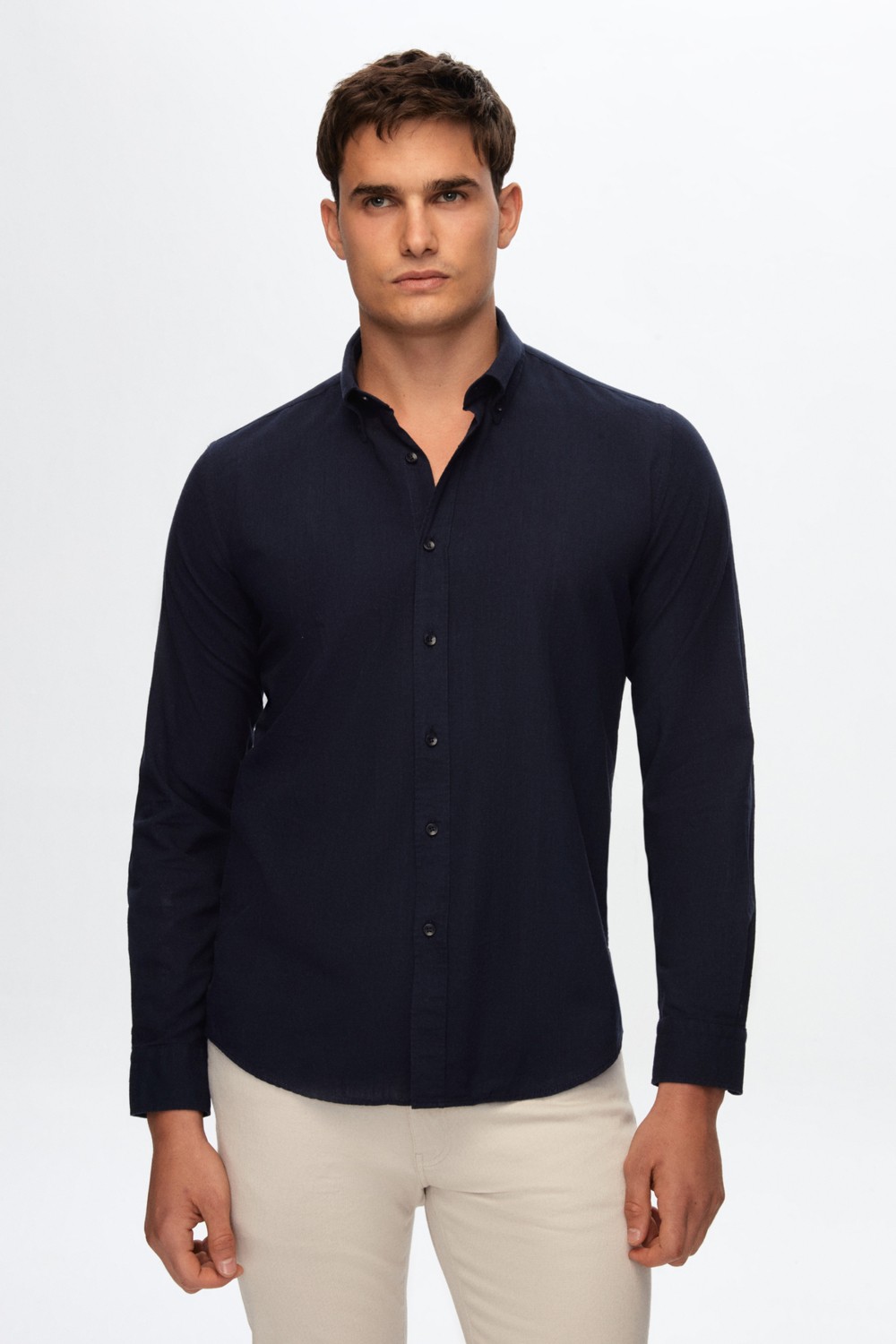 D'S Damat Slim Fit Lacivert Düğmeli Yaka %100 Pamuk Yazlık Flamlı Keten Görünümlü Gömlek 6HC02ORT63265