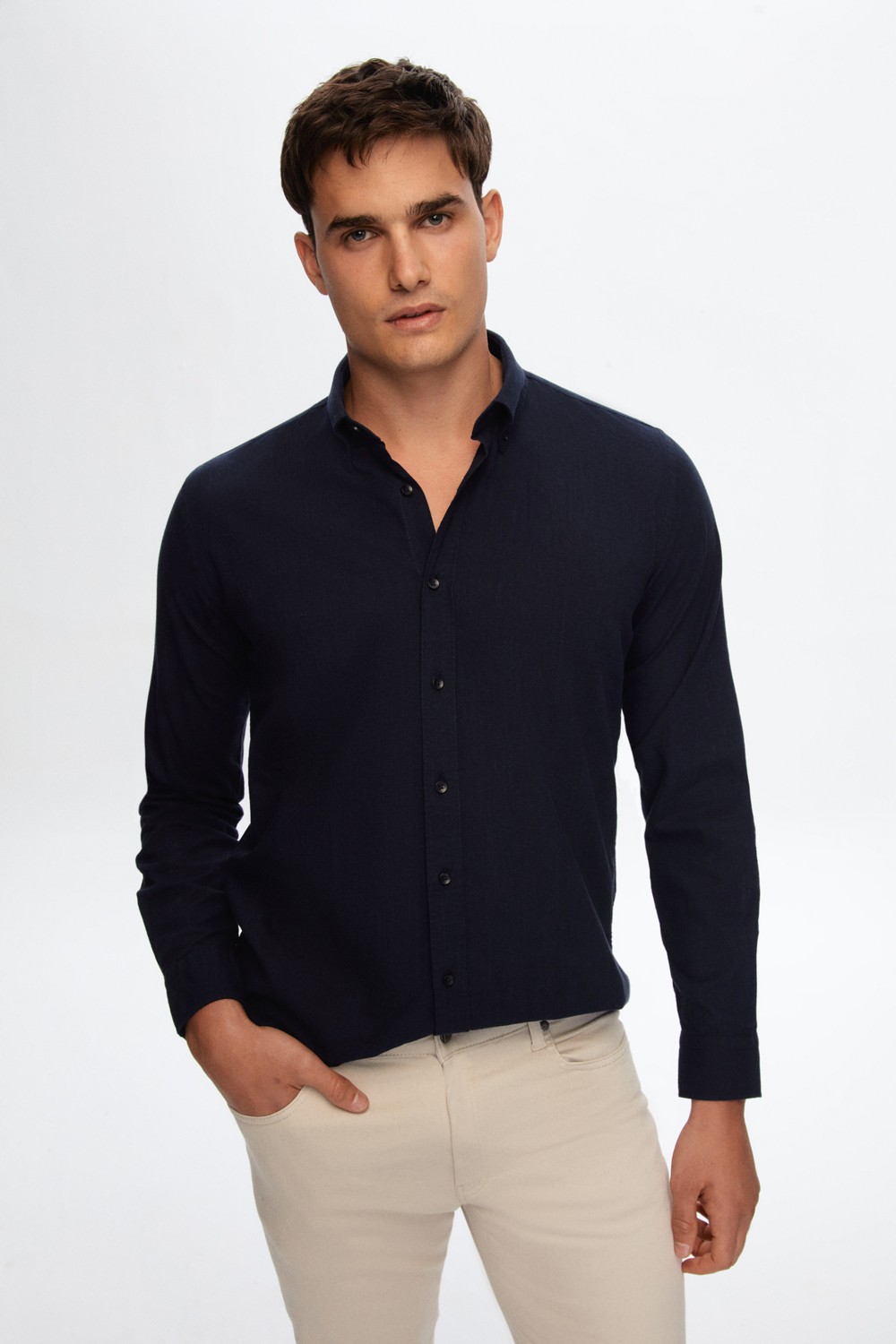 D'S Damat Slim Fit Lacivert Düğmeli Yaka %100 Pamuk Yazlık Flamlı Keten Görünümlü Gömlek 6HC02ORT63265 görsel 3