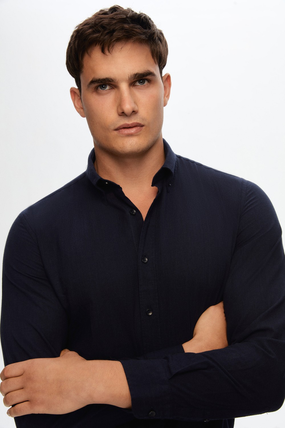 D'S Damat Slim Fit Lacivert Düğmeli Yaka %100 Pamuk Yazlık Flamlı Keten Görünümlü Gömlek 6HC02ORT63265 görsel 4