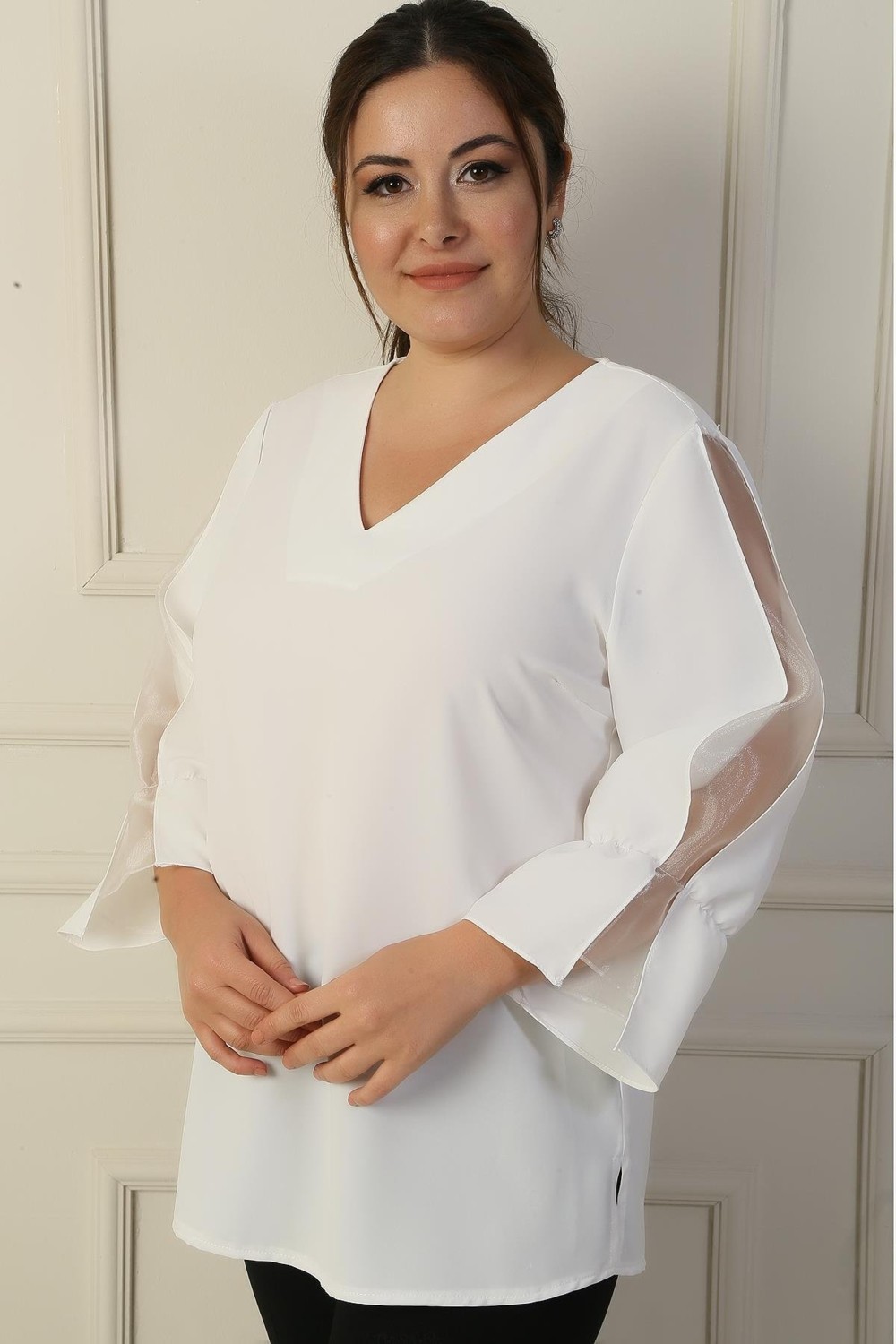 By Saygı V Yaka Yarı Organze Krep B.b. Bluz görsel 5