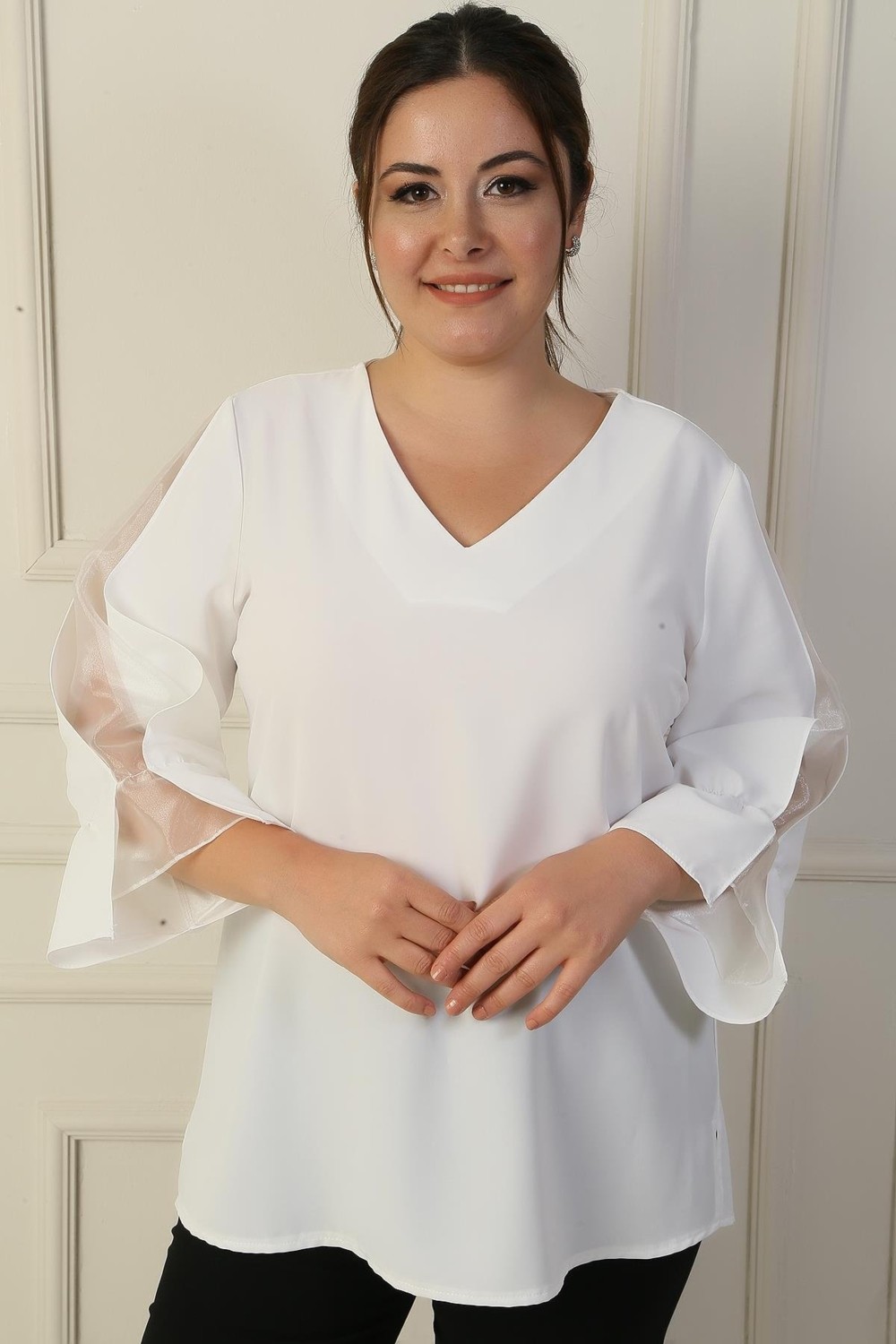 By Saygı V Yaka Yarı Organze Krep B.b. Bluz görsel 6