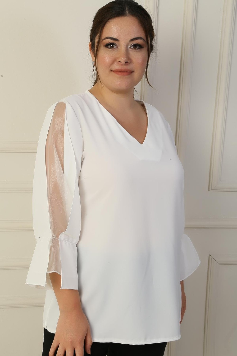 By Saygı V Yaka Yarı Organze Krep B.b. Bluz görsel 7