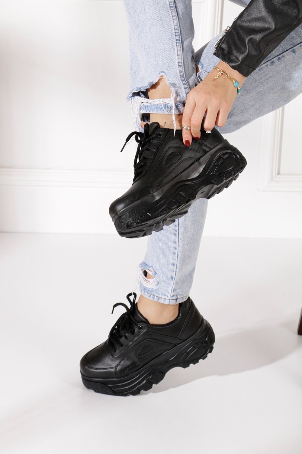 İmershoes Günlük Kadın Spor Ayakkabı Yüksek Taban 6 cm Sneaker Siyah - Beyaz - Bej - Rugan - Süet 001 görsel 4