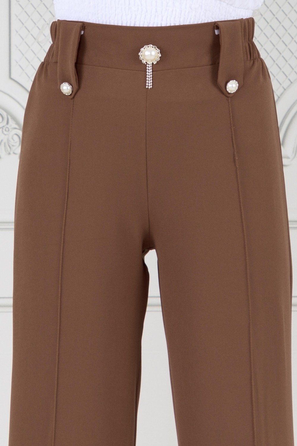 Sevitli Inci Broşlu Çımalı Bol Paça Pantolon-Krem görsel 5