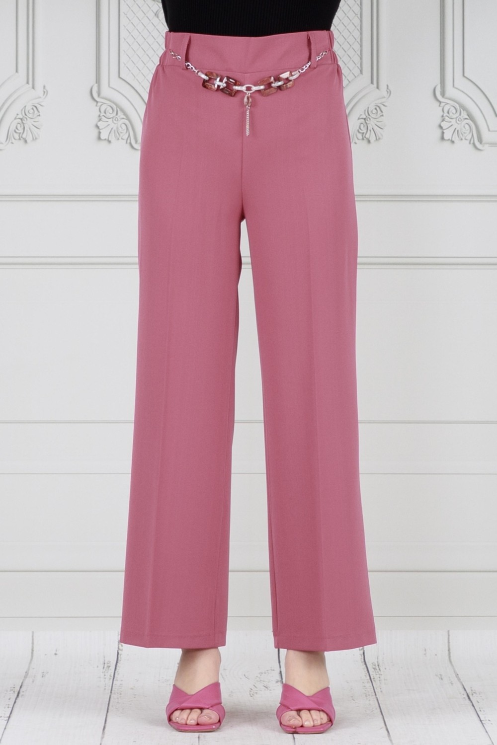 Sevitli Zincir Detaylı Bol Paça Pantolon-Pembe