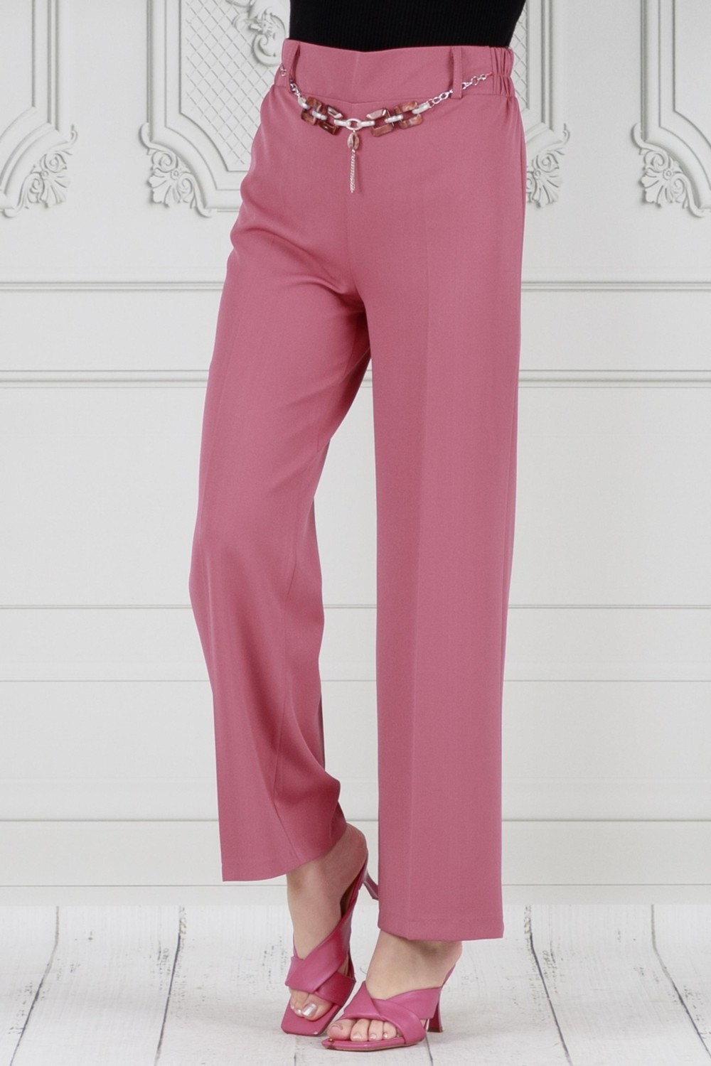 Sevitli Zincir Detaylı Bol Paça Pantolon-Pembe görsel 3