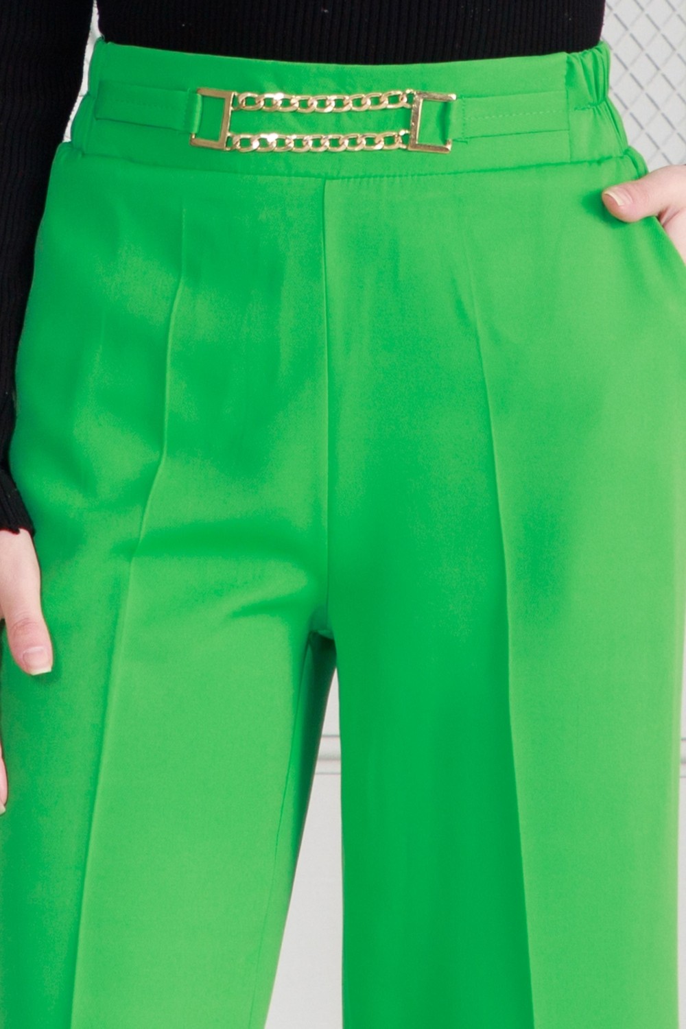 Sevitli Beli Zincir Detaylı Bol Paça Pantolon-Mavi görsel 4
