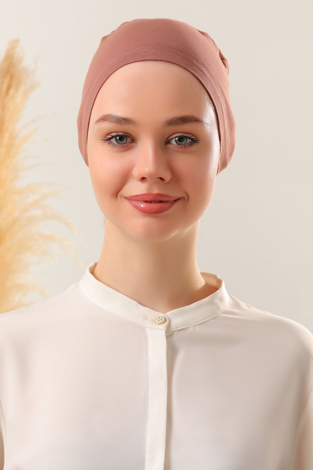 Melodi Scarf Tesettür Dikişli Bone Bej görsel 4