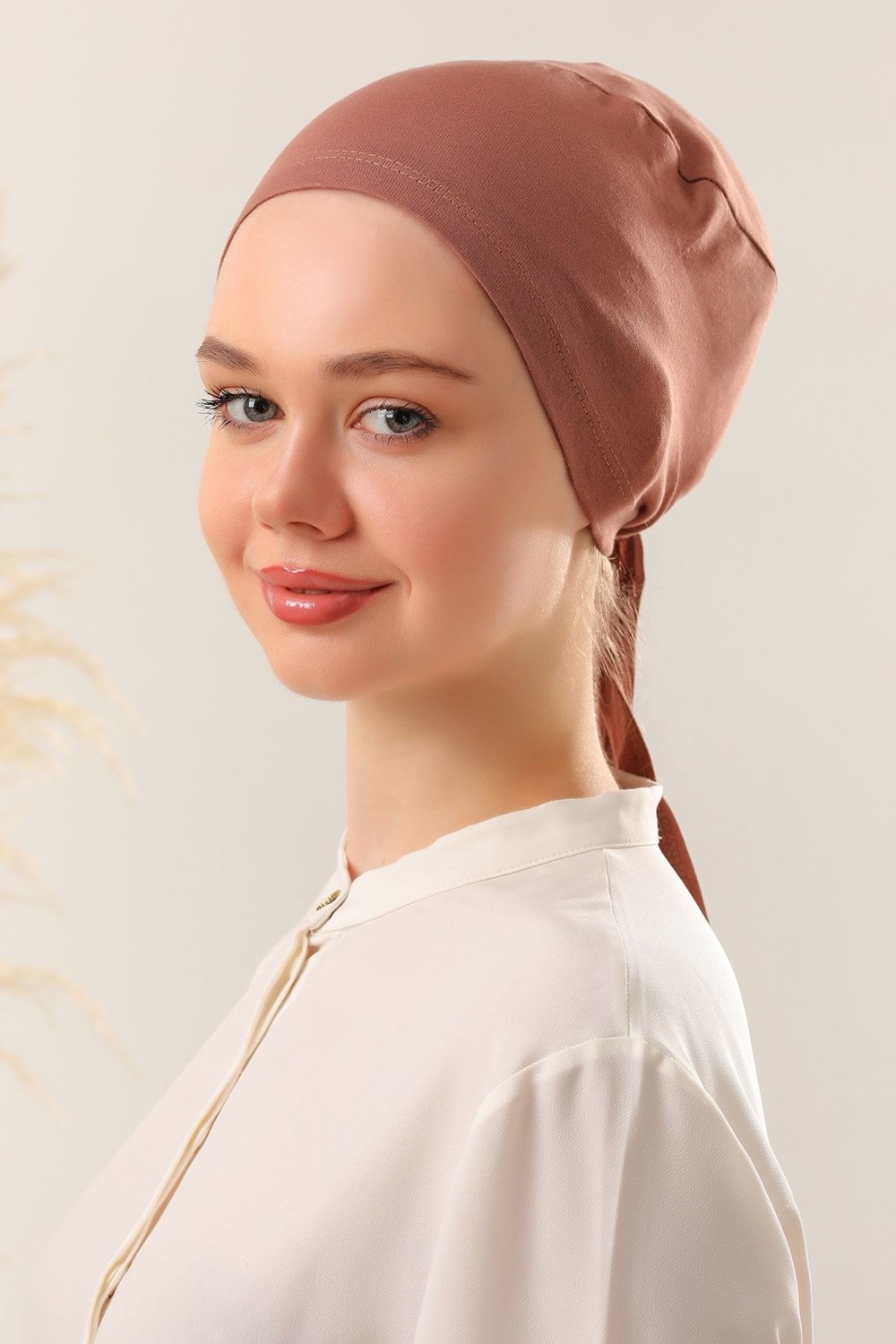 Melodi Scarf Tesettür Dikişli Bone Bej görsel 5