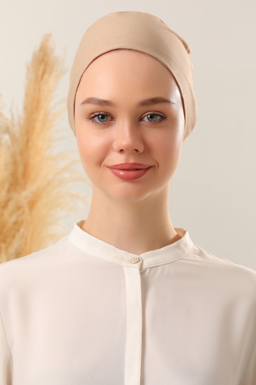 Melodi Scarf Tesettür Dikişli Bone Bej görsel 7
