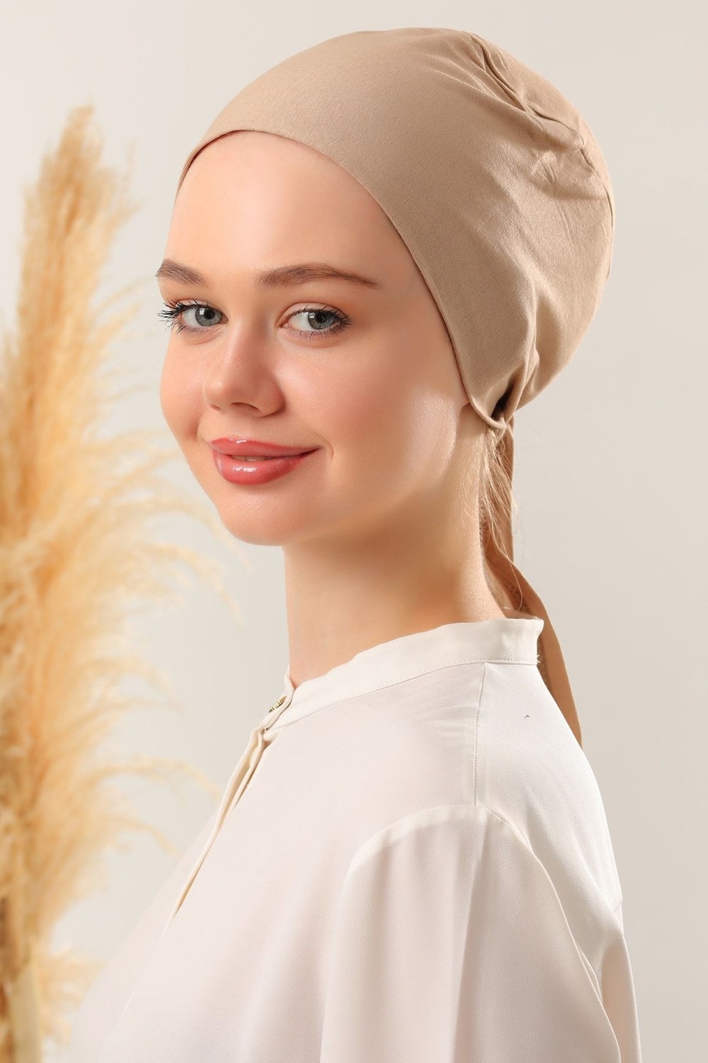 Melodi Scarf Tesettür Dikişli Bone Bej görsel 8