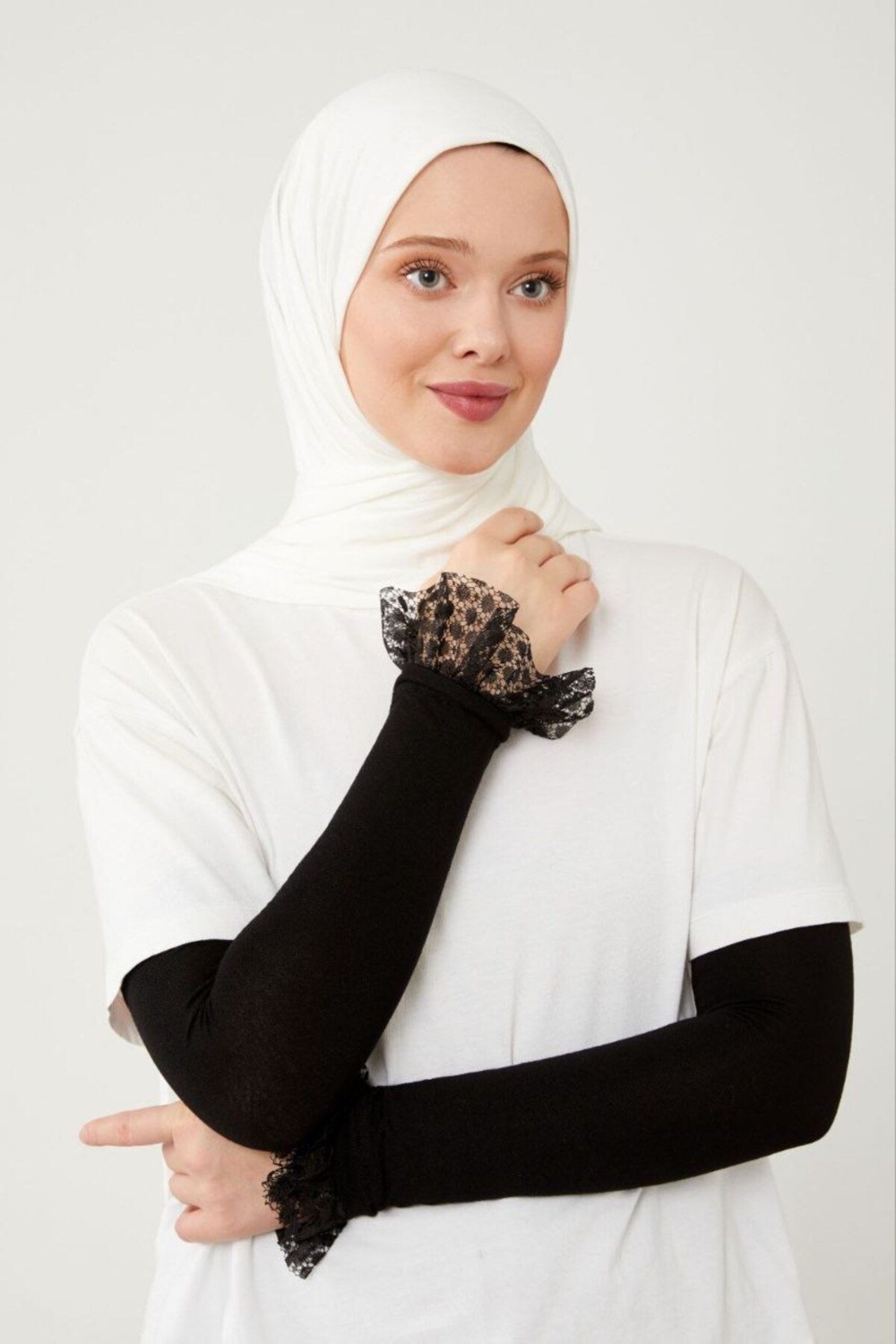 Melodi Scarf Kadın Tesettür Dantelli Kolluk Beyaz görsel 2