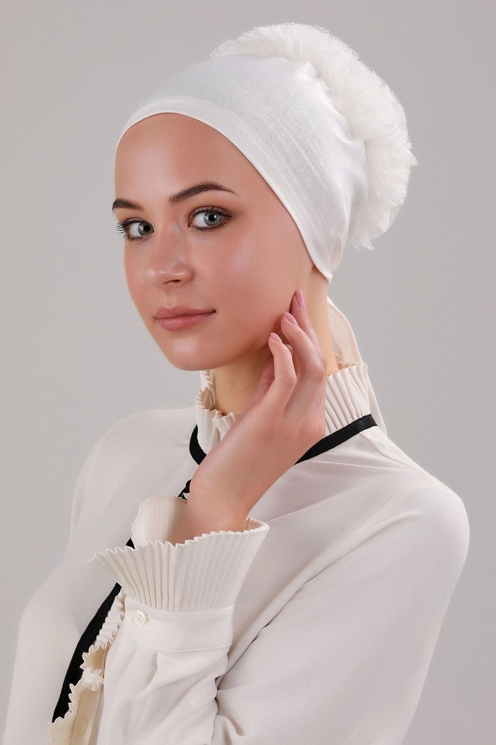 Melodi Scarf Tesettür Fırfırlı Bone Bej görsel 2
