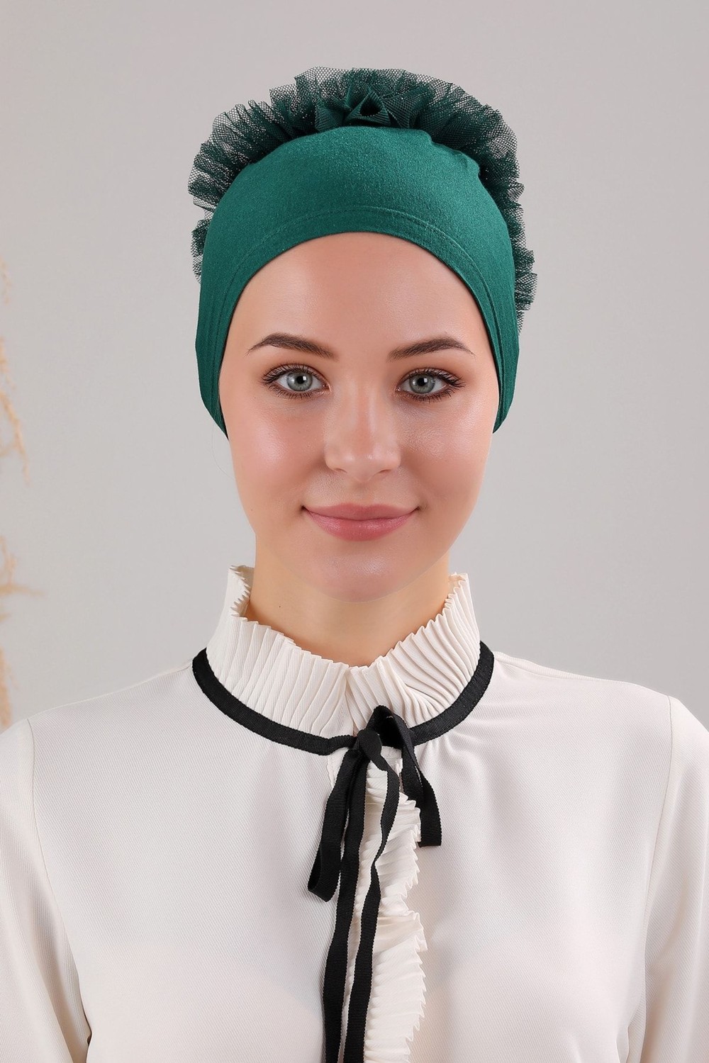 Melodi Scarf Tesettür Fırfırlı Bone Bej görsel 5