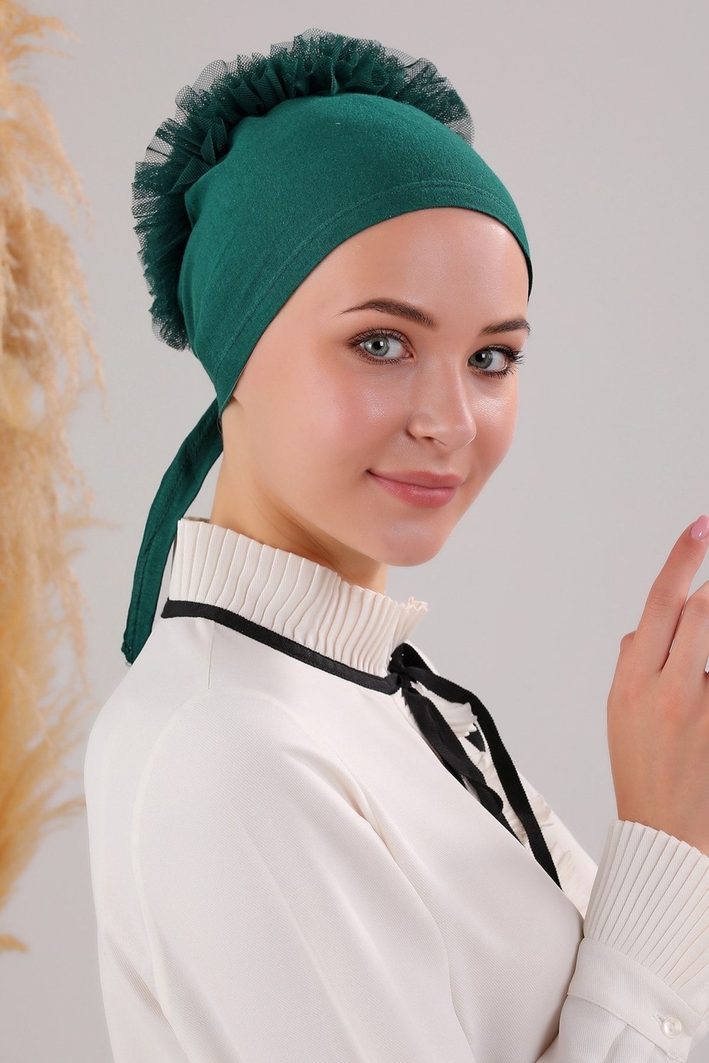 Melodi Scarf Tesettür Fırfırlı Bone Bej görsel 6