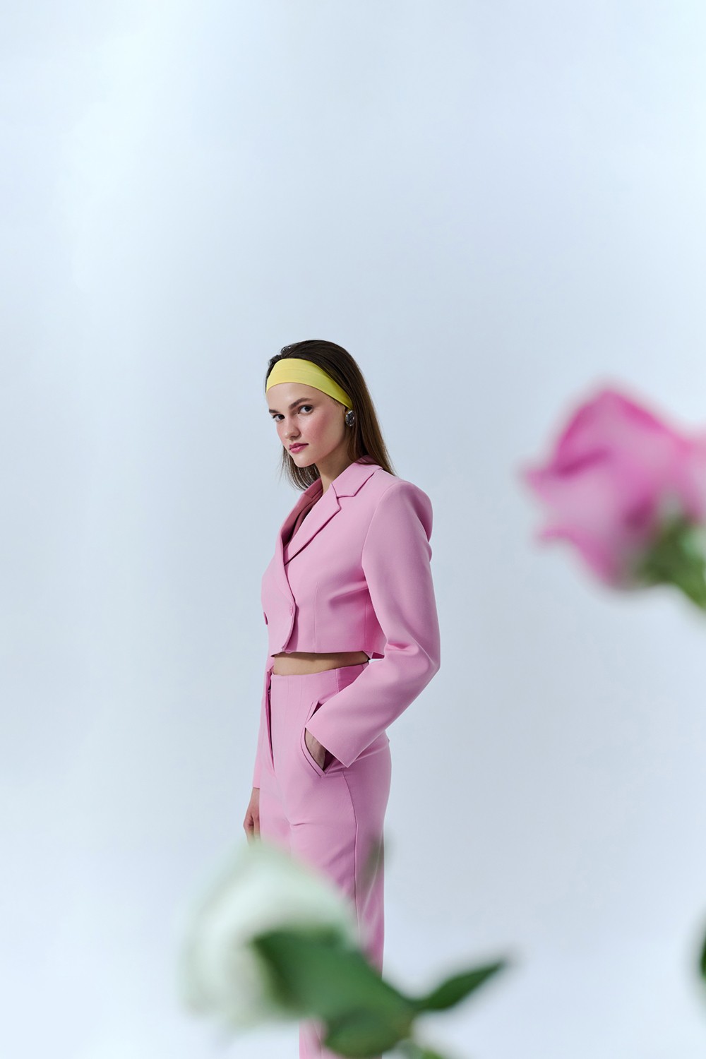 Quzu Kadın Kruvaze Crop Blazer Ceket Lacivert Dokuma Cepli Stil Casual
