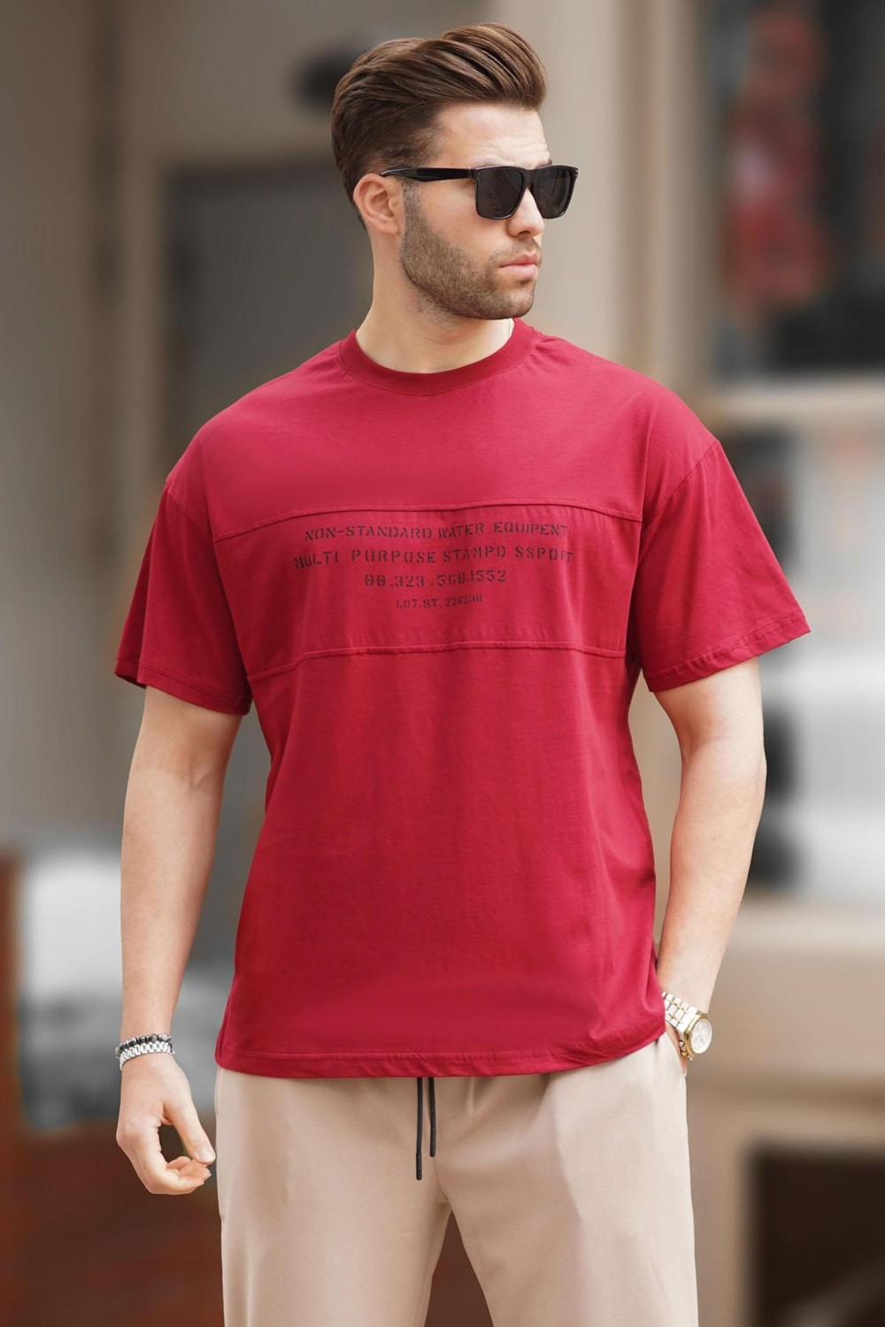 Madmext Bordo Oversize Bisiklet Yaka Baskılı Erkek Tişört 7018 görsel 3
