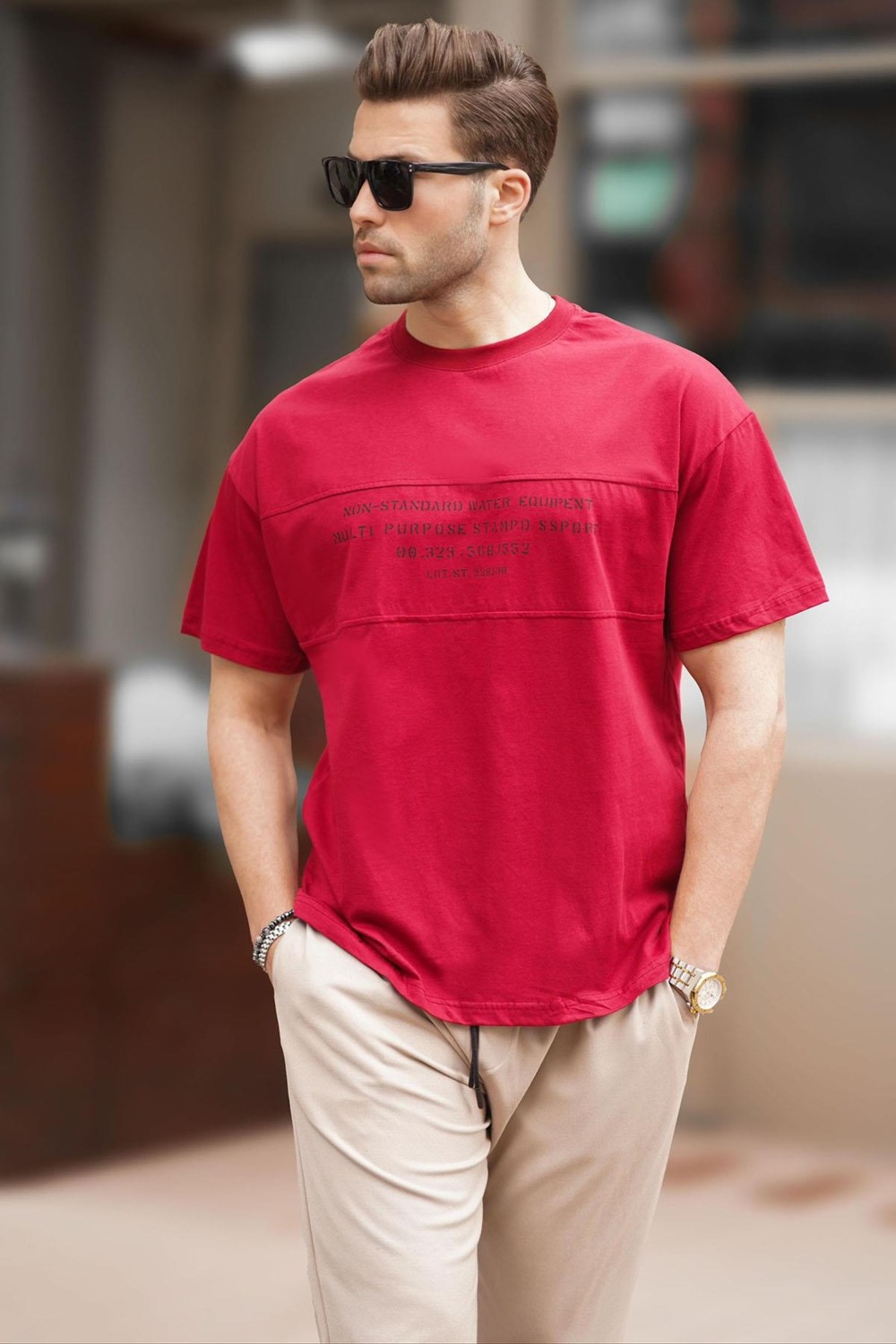 Madmext Bordo Oversize Bisiklet Yaka Baskılı Erkek Tişört 7018 görsel 4