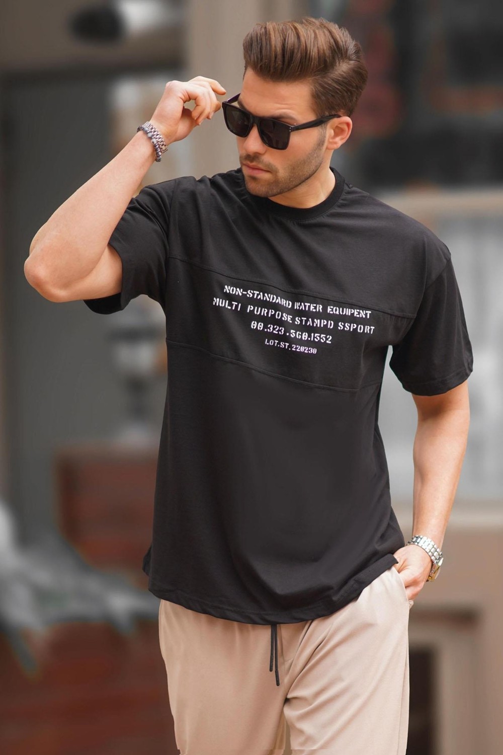 Madmext Bordo Oversize Bisiklet Yaka Baskılı Erkek Tişört 7018