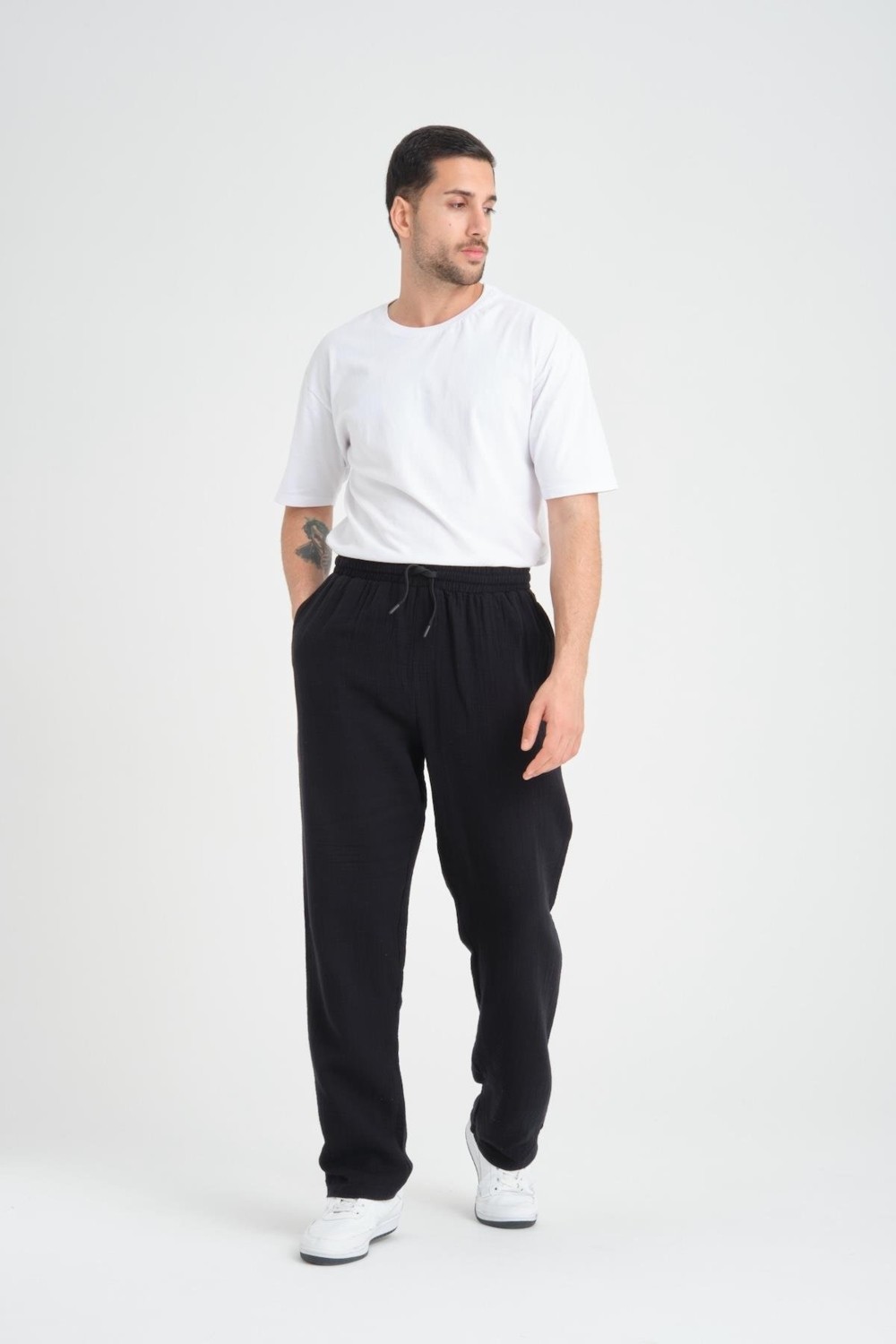 Valiberta Hafif ve Rahat Müslin Baggy Erkek Pantolon - Siyah