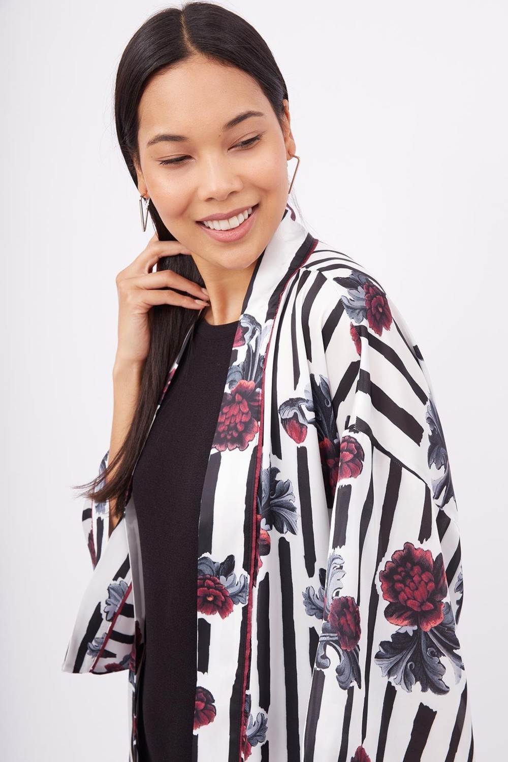 Peraluna STRIPE GARDEN SHORT KIMONO Baskılı Saten Kadın Kısa Kimono - Çok Renkli görsel 3