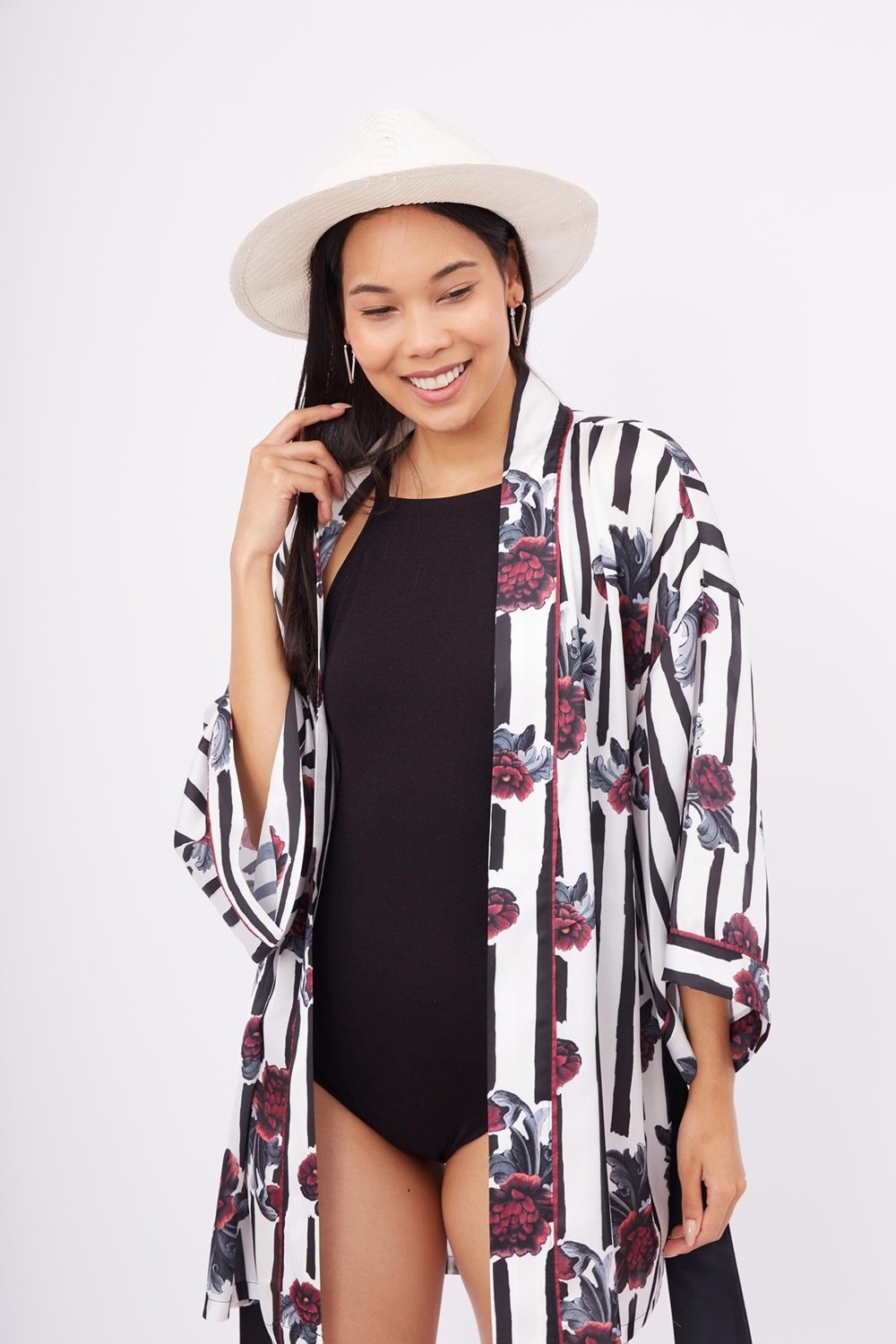 Peraluna STRIPE GARDEN SHORT KIMONO Baskılı Saten Kadın Kısa Kimono - Çok Renkli görsel 5