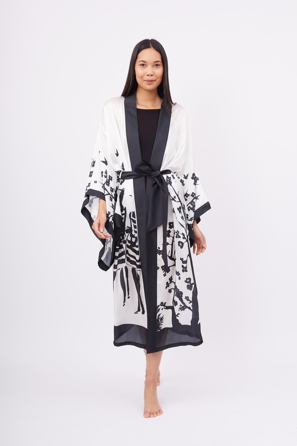 Peraluna BEACH GIRLS LONG KIMONO Baskılı Saten Kadın Uzun Kimono - Siyah/Beyaz