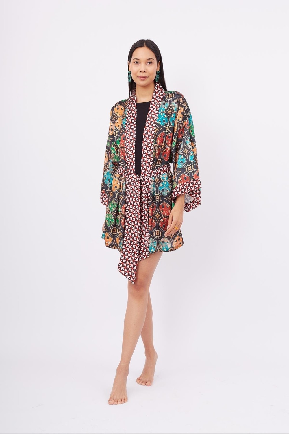 Peraluna LADYBUG SHORT KIMONO Baskılı Saten Kadın Kısa Kimono - Çok Renkli