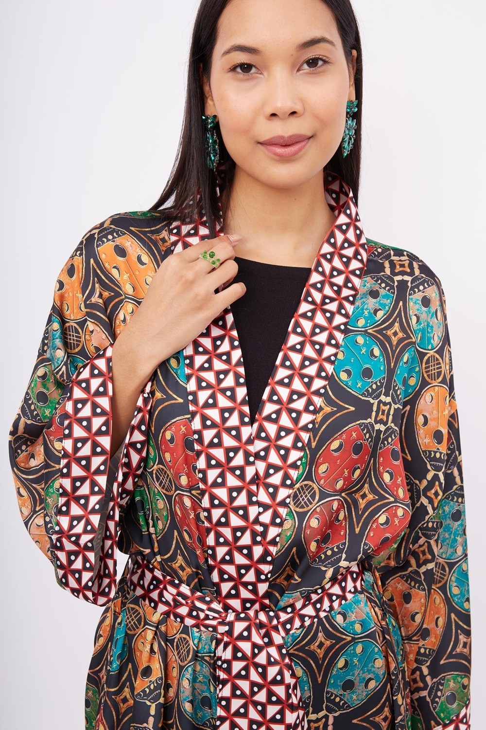 Peraluna LADYBUG SHORT KIMONO Baskılı Saten Kadın Kısa Kimono - Çok Renkli görsel 4