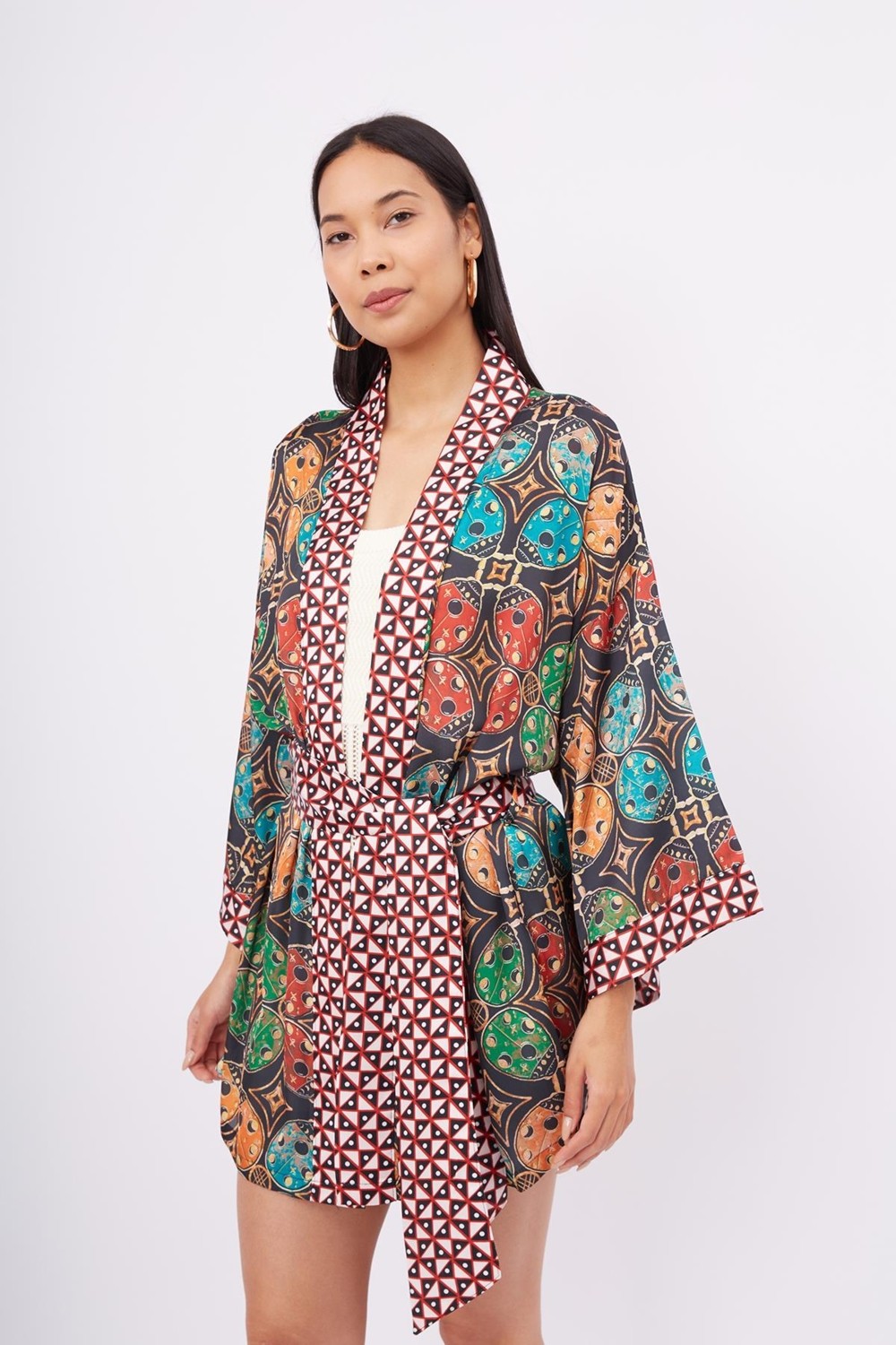 Peraluna LADYBUG SHORT KIMONO Baskılı Saten Kadın Kısa Kimono - Çok Renkli görsel 5