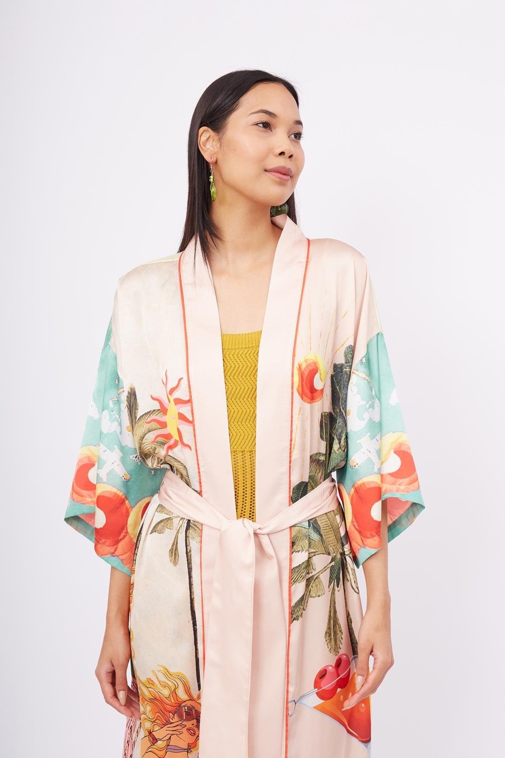 Peraluna SUMMER TIME LONG KIMONO Baskılı Saten Kadın Uzun Kimono - Çok Renkli görsel 2