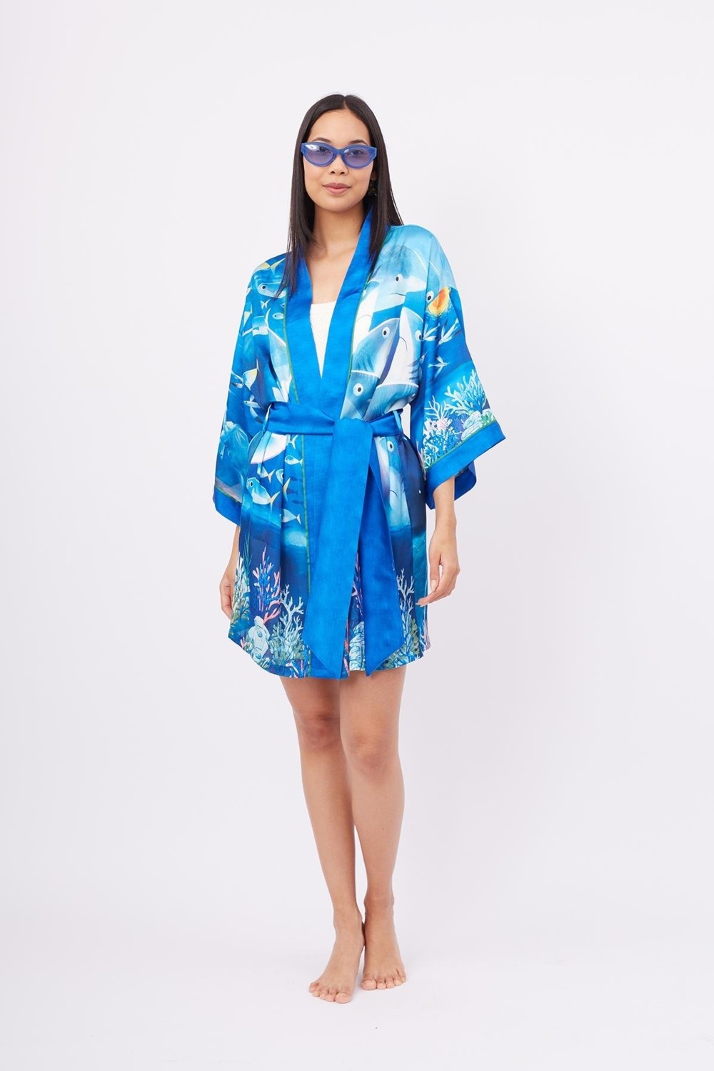 Peraluna OCEAN STORY SHORT KIMONO Baskılı Saten Kadın Kısa Kimono - Deniz Mavisi