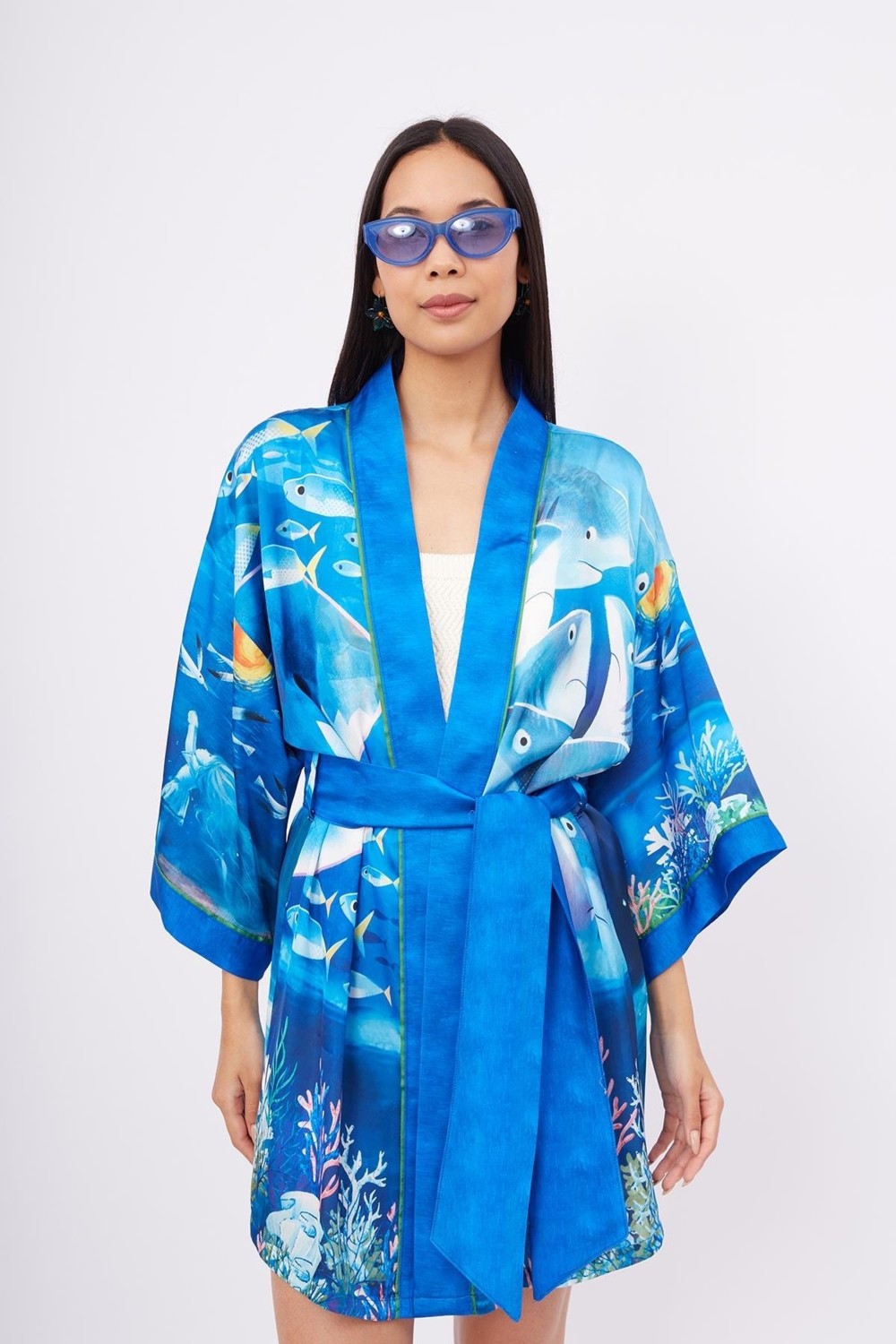 Peraluna OCEAN STORY SHORT KIMONO Baskılı Saten Kadın Kısa Kimono - Deniz Mavisi görsel 2