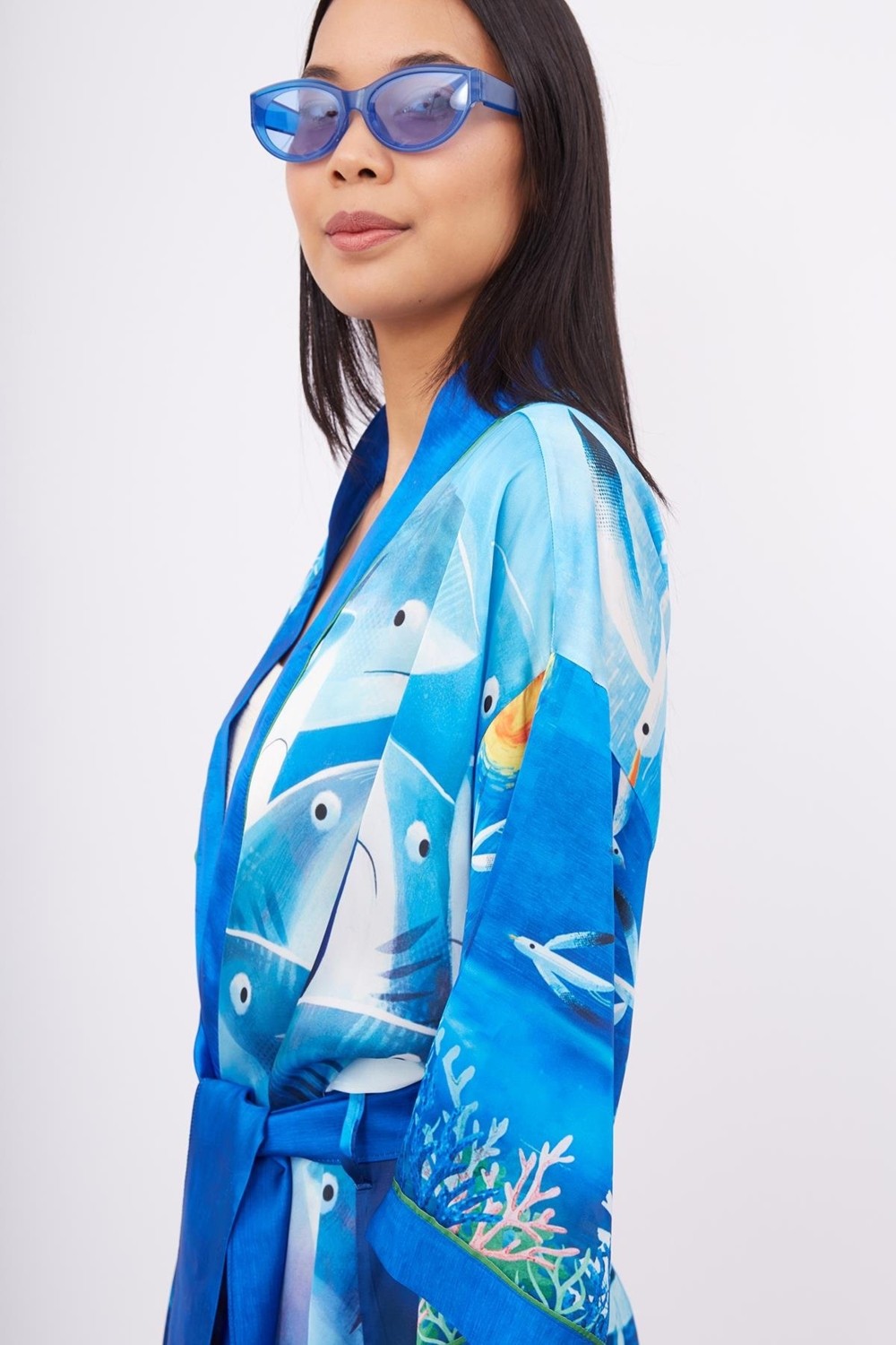 Peraluna OCEAN STORY SHORT KIMONO Baskılı Saten Kadın Kısa Kimono - Deniz Mavisi görsel 3