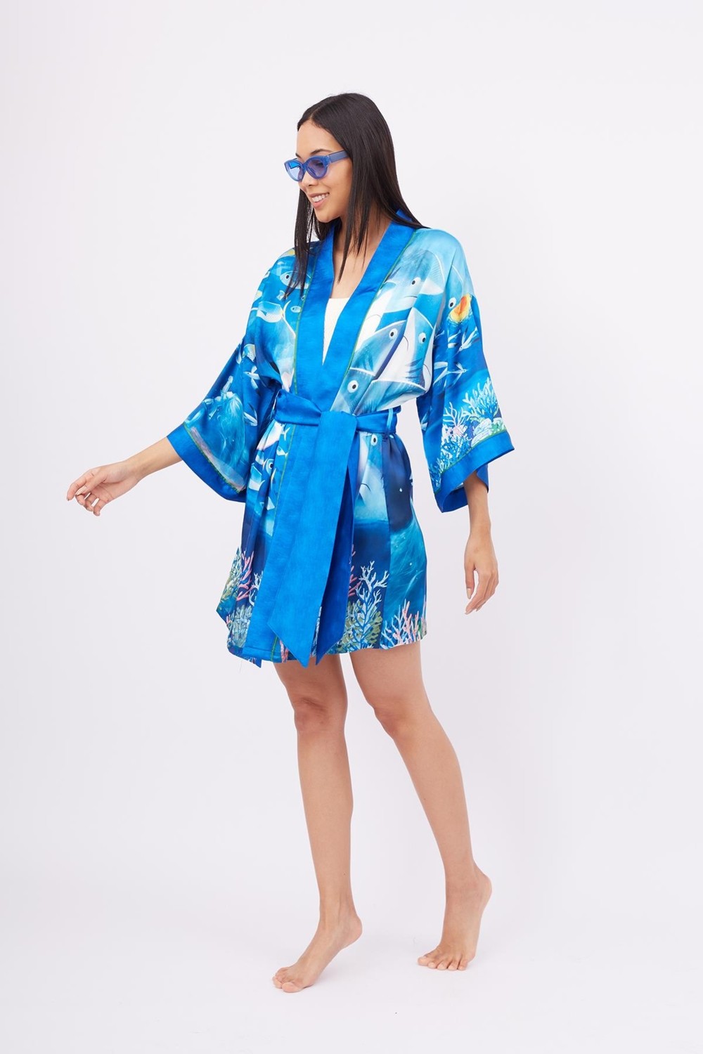 Peraluna OCEAN STORY SHORT KIMONO Baskılı Saten Kadın Kısa Kimono - Deniz Mavisi görsel 5
