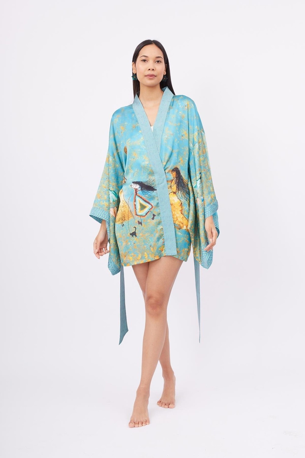 Peraluna JOY SHORT KIMONO Baskılı Saten Kadın Kısa Kimono - Turkuaz