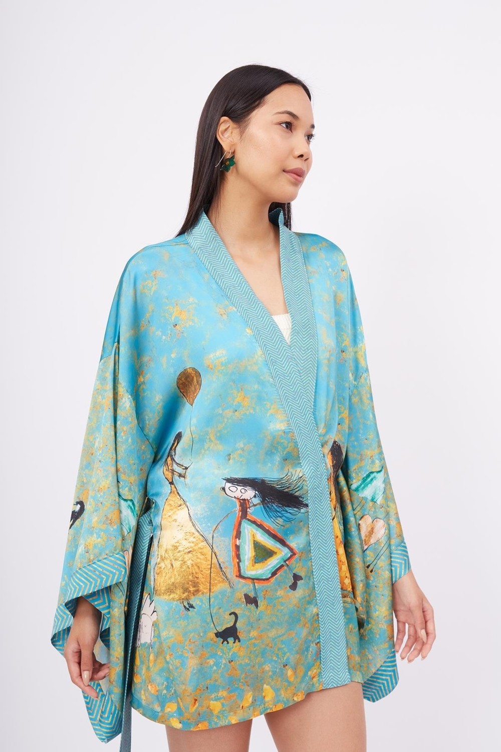 Peraluna JOY SHORT KIMONO Baskılı Saten Kadın Kısa Kimono - Turkuaz görsel 2