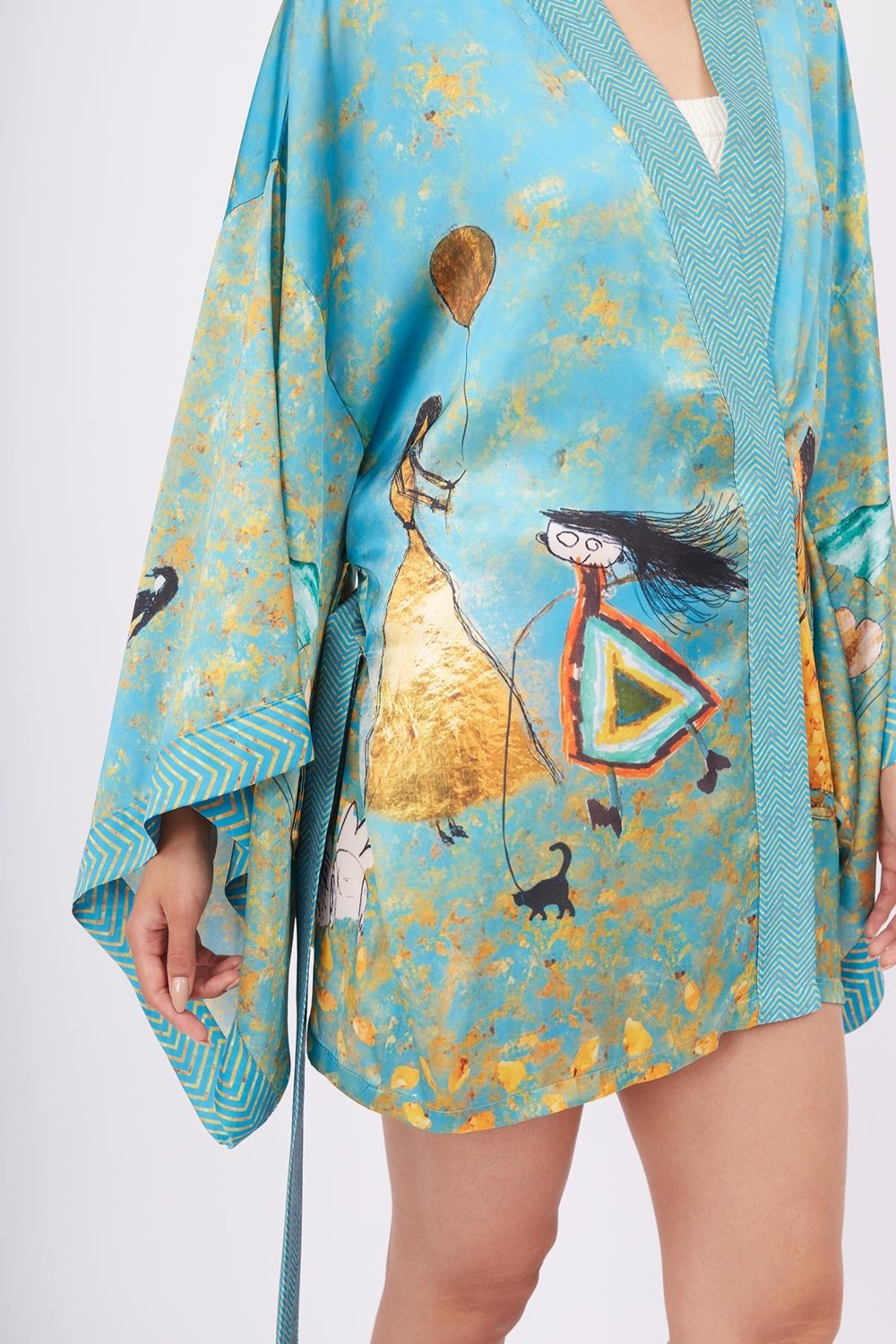 Peraluna JOY SHORT KIMONO Baskılı Saten Kadın Kısa Kimono - Turkuaz görsel 3