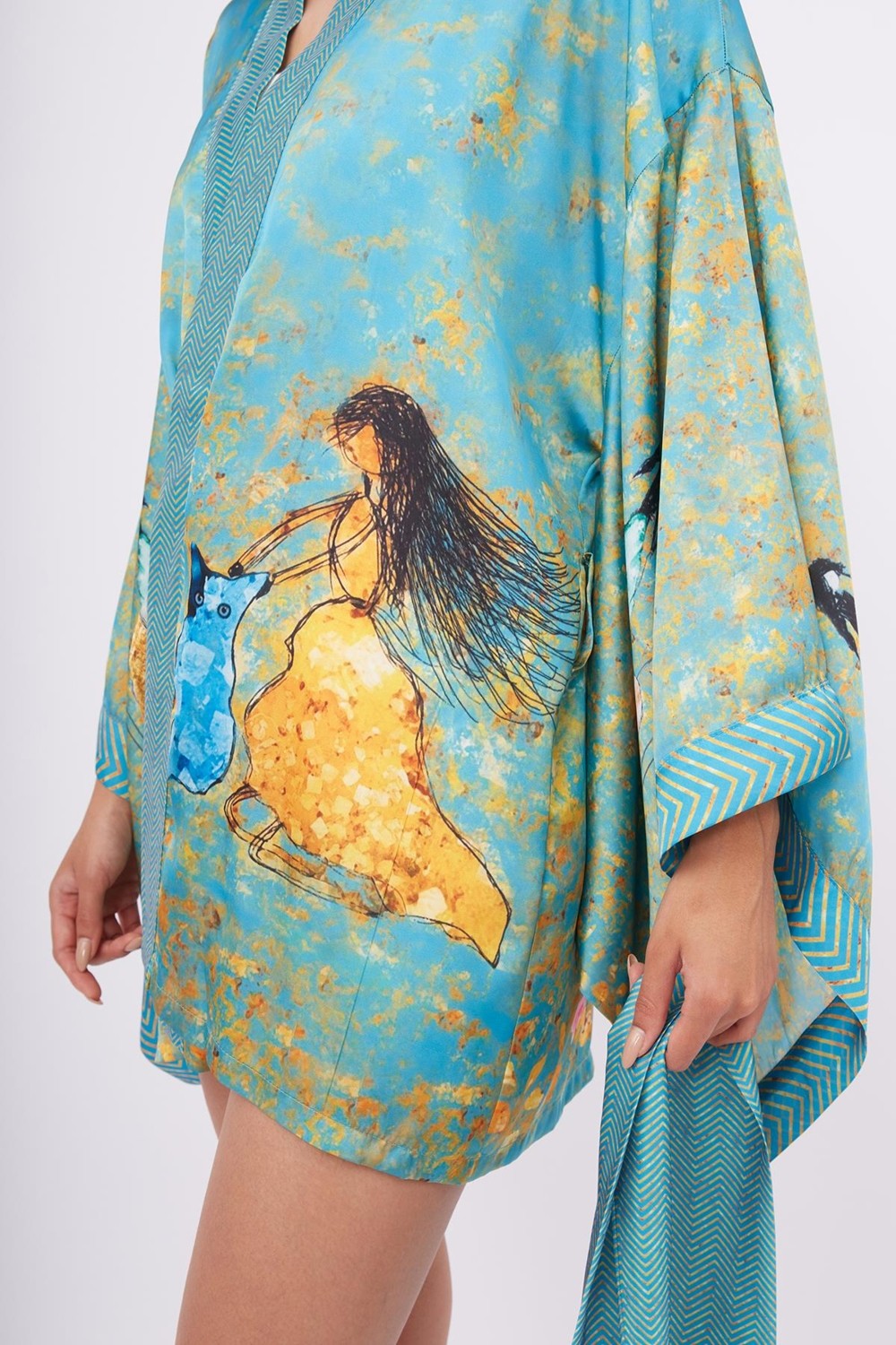 Peraluna JOY SHORT KIMONO Baskılı Saten Kadın Kısa Kimono - Turkuaz görsel 4
