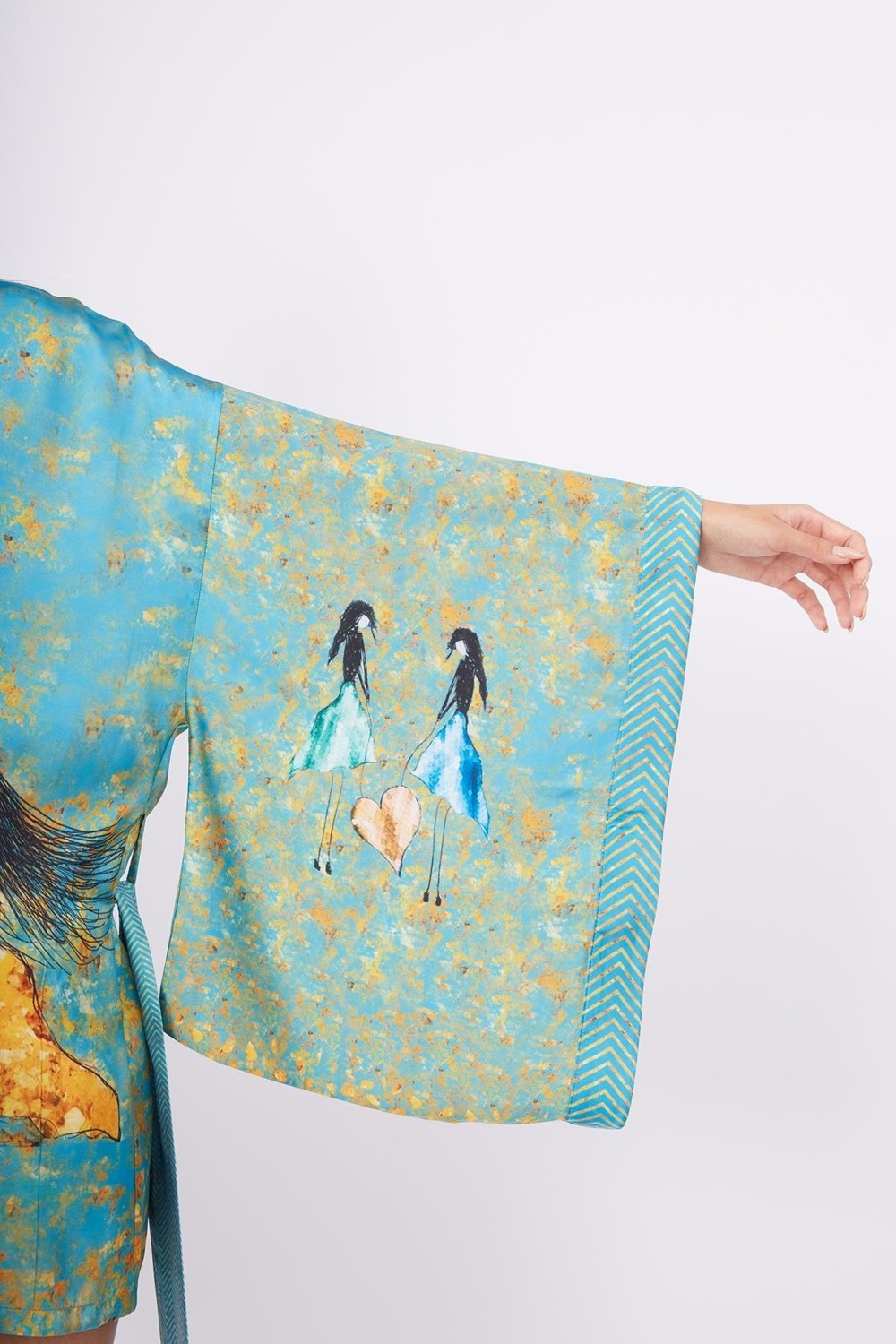 Peraluna JOY SHORT KIMONO Baskılı Saten Kadın Kısa Kimono - Turkuaz görsel 5
