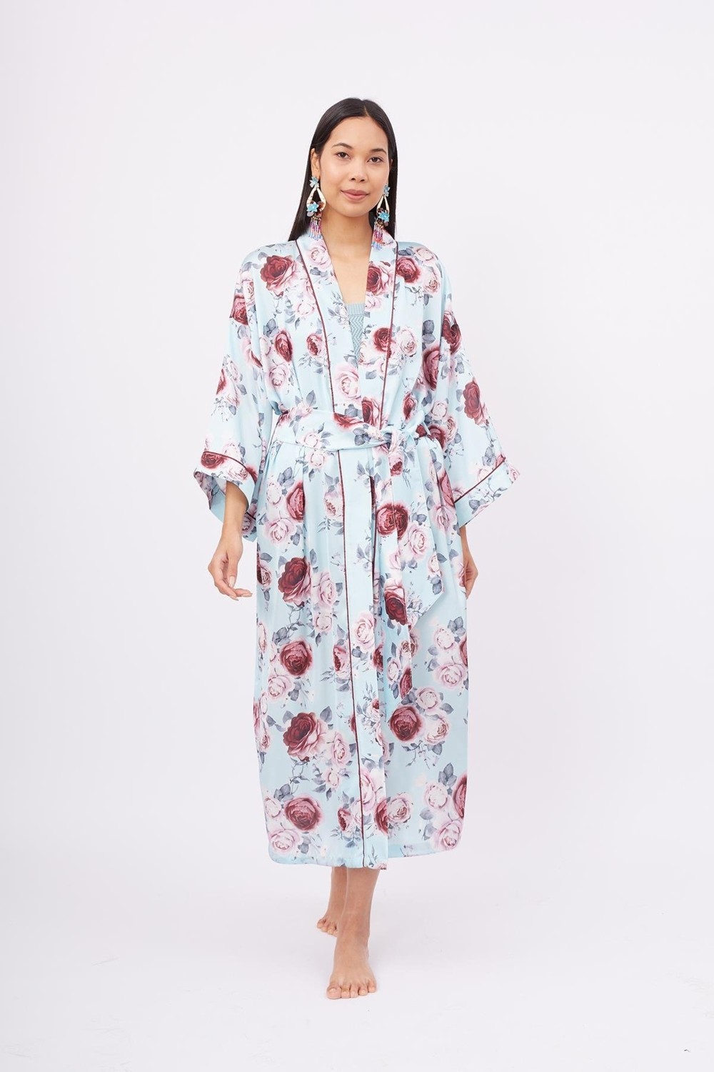 Peraluna ROSEMARY LONG KIMONO Baskılı Saten Kadın Uzun Kimono - Turkuaz