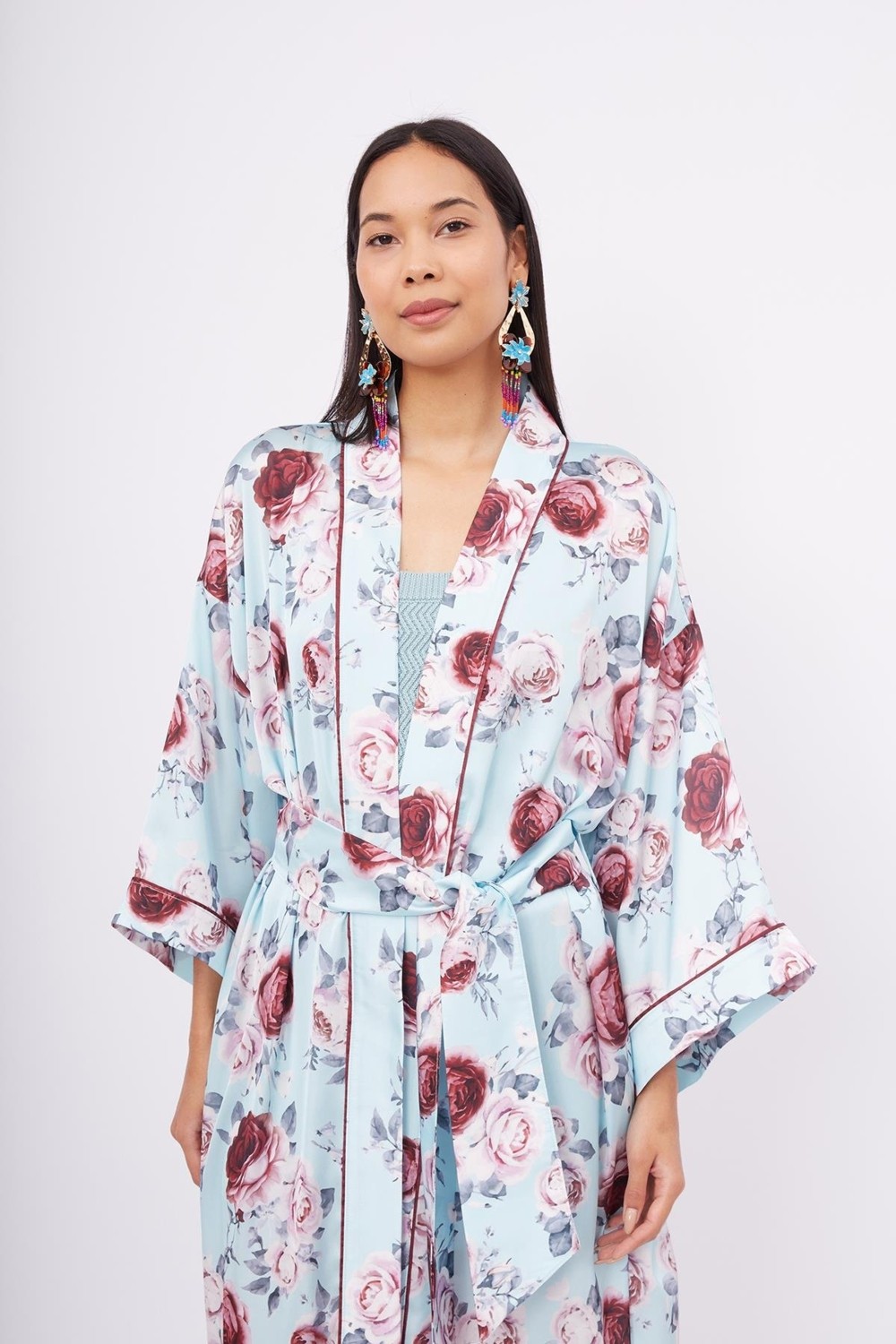 Peraluna ROSEMARY LONG KIMONO Baskılı Saten Kadın Uzun Kimono - Turkuaz görsel 2