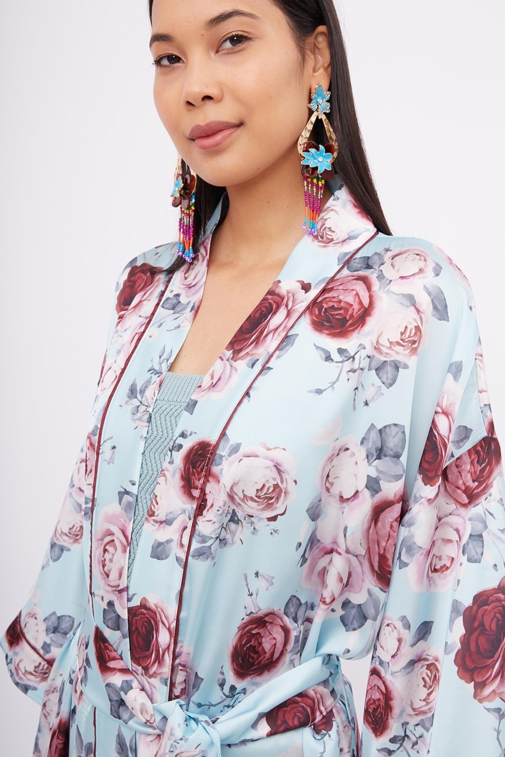Peraluna ROSEMARY LONG KIMONO Baskılı Saten Kadın Uzun Kimono - Turkuaz görsel 3